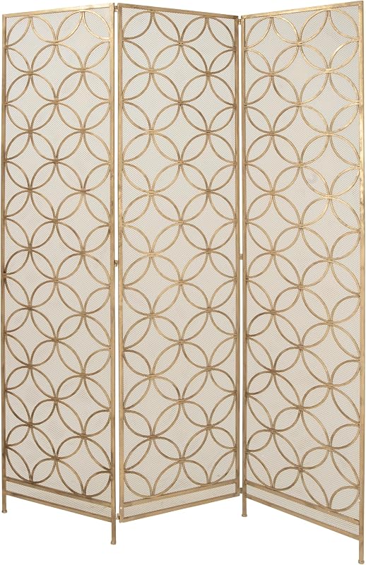 Deco 79 Metal Geometric Partition Screen, 3 Panel Foldable Room Divider, 57" x 79", Brass
