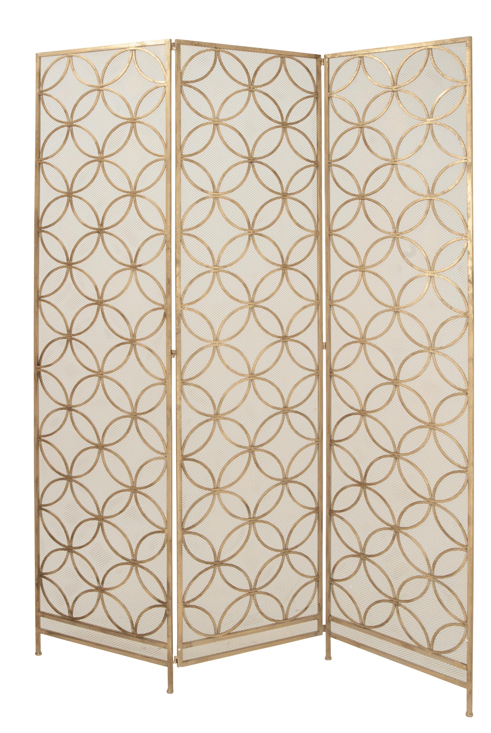 Deco 79 Metal Geometric Partition Screen, 3 Panel Foldable Room Divider, 57" x 79", Brass