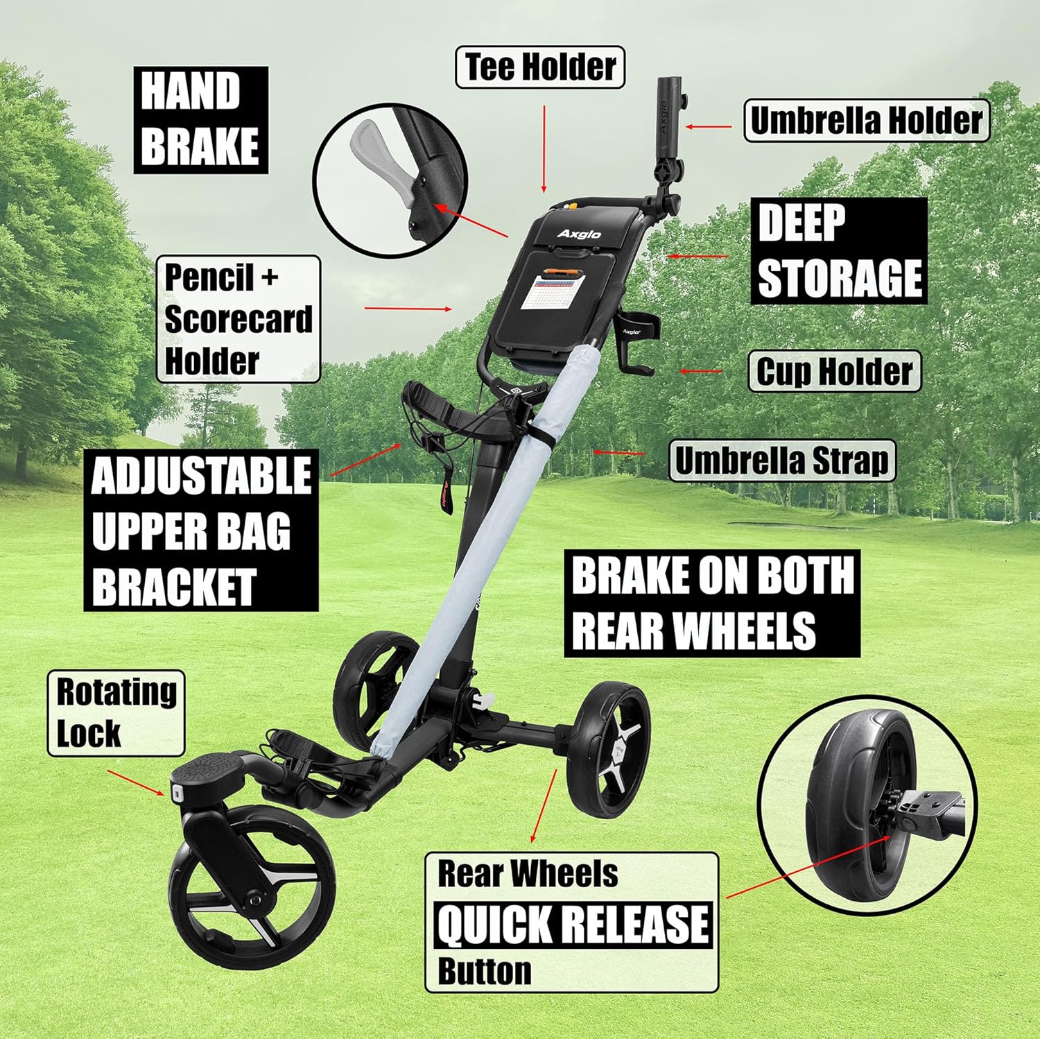 V3 Golf Push Cart 3-Wheel | 360° Swivel Front Wheel | Ultra-Lightweight & Durable Golf Caddy | Foldable & Compact for Easy Storage | Hand & Dual Brake System, Large Storage Bin | Cup & Umbrella Holder