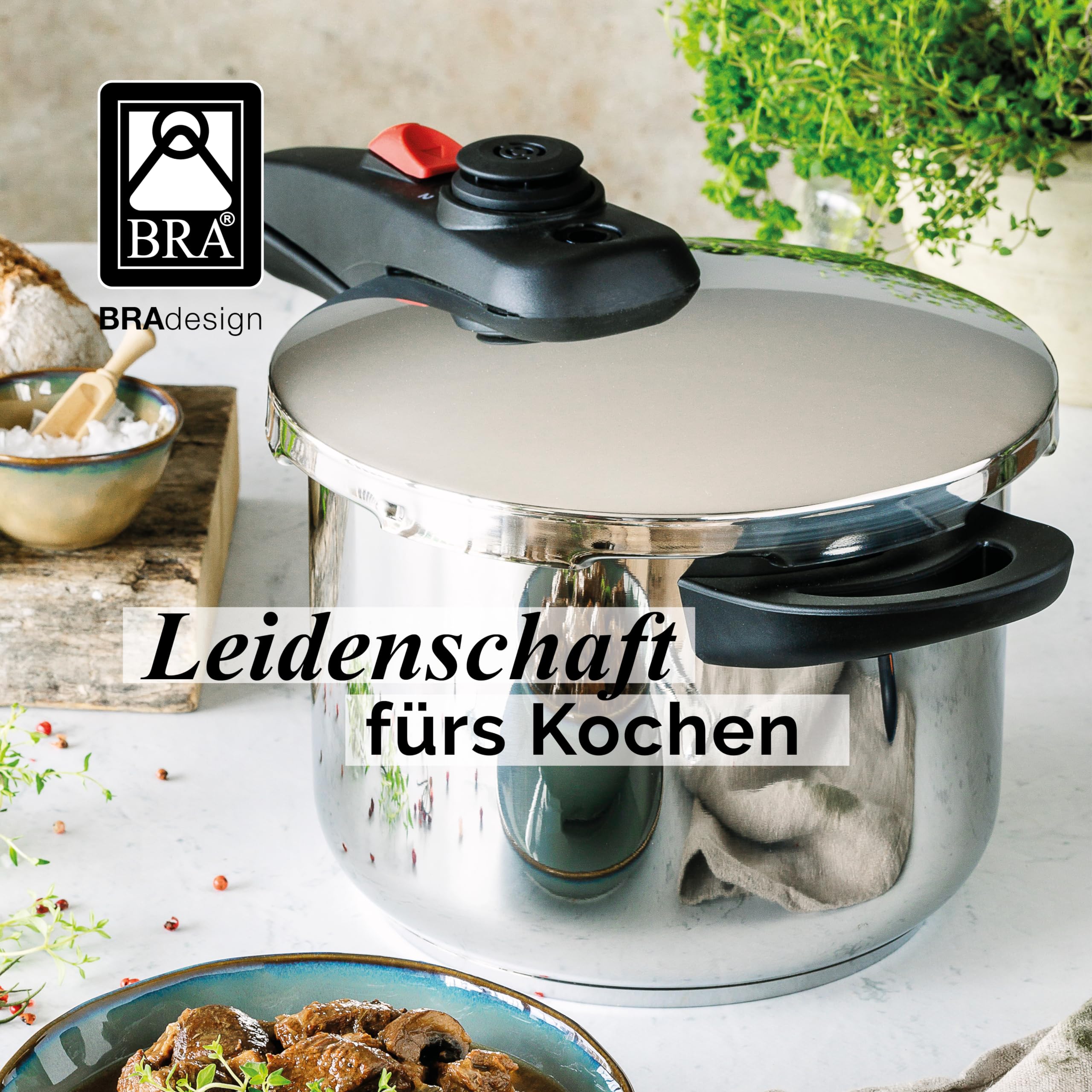 BRA Allure | 6-Liter-Schnellkochtopf, Edelstahl 18/10 | 2 Kochprogrammen und Öffnungssperrsystem, alle Herdarten geeignet