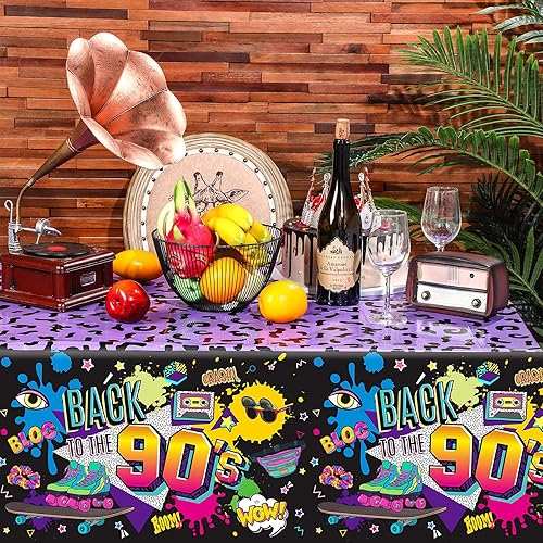 Miniatura 5 de Kasyat 3 piezas de decoraciones de fiesta de los años 90, mantel grande para fiesta temática de los años 90, mantel de plástico para cumpleaños y