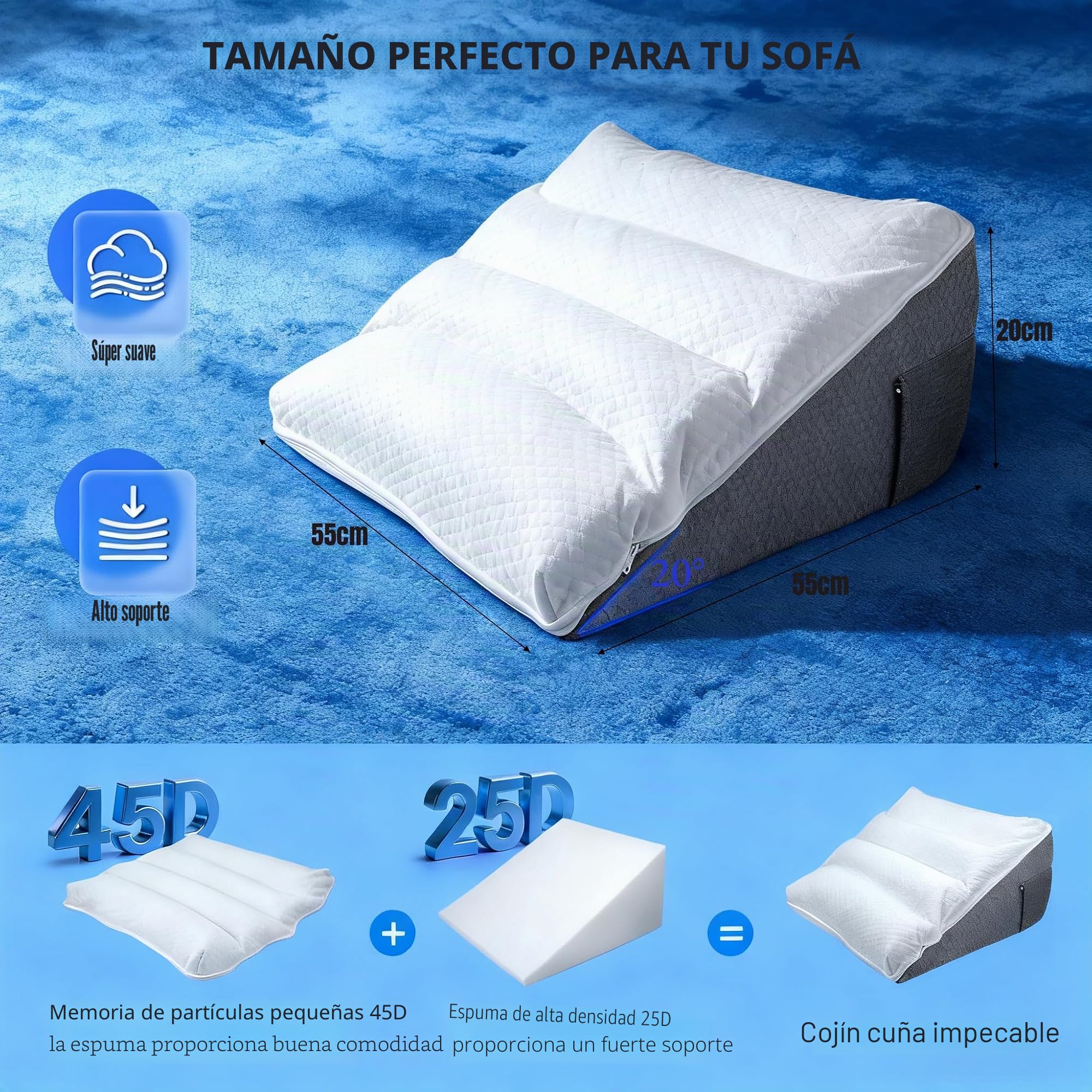 Cojín de cuña para cama y sofá, cojín de lectura doble para cojín de espalda, elevador de cama, cojín de apoyo lumbar, cojín de lectura de espuma de alta densidad para espalda, piernas y