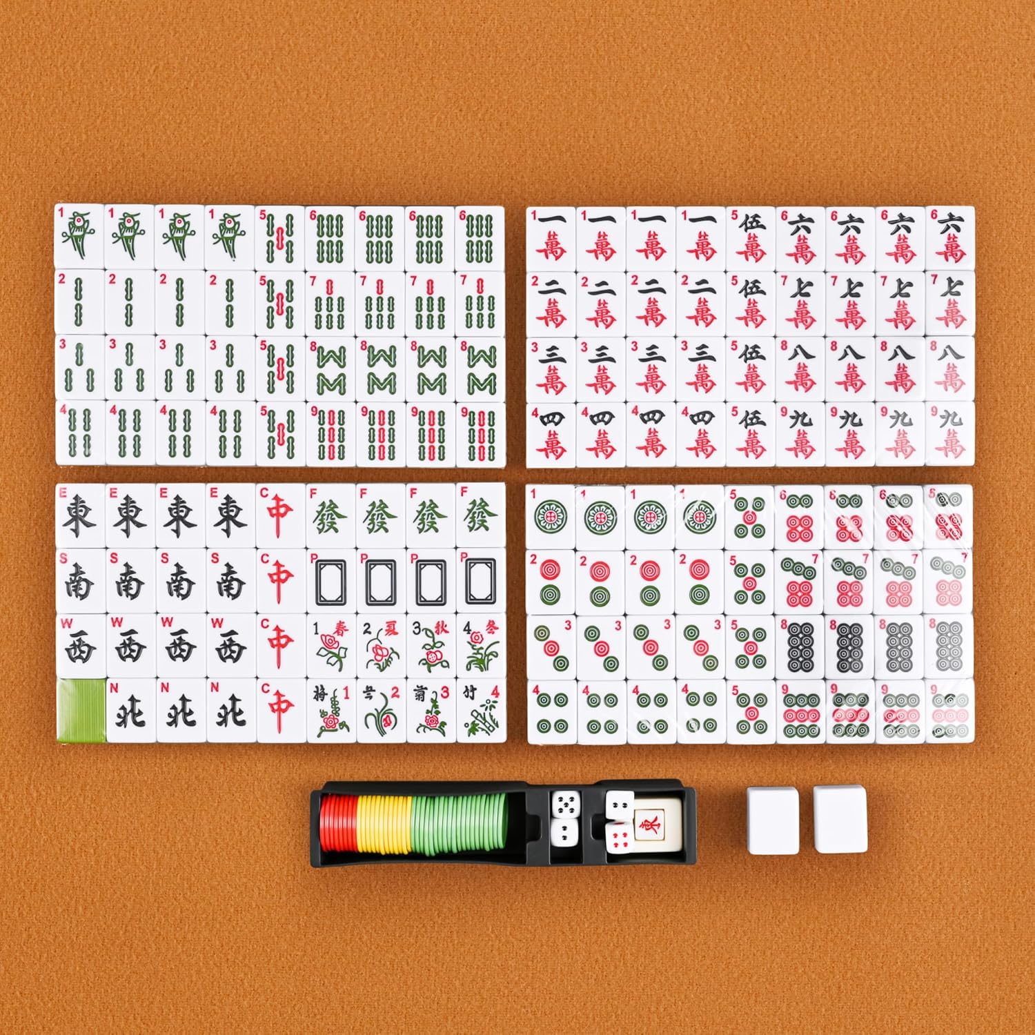 1.4" Chinese Green Large Mahjong Sets with Mahjong Mat(39.3"x39"), 144+8 Melamine Tiles, Professional Complete Mahjong Game Set for Chinese Rule - (中国麻将)