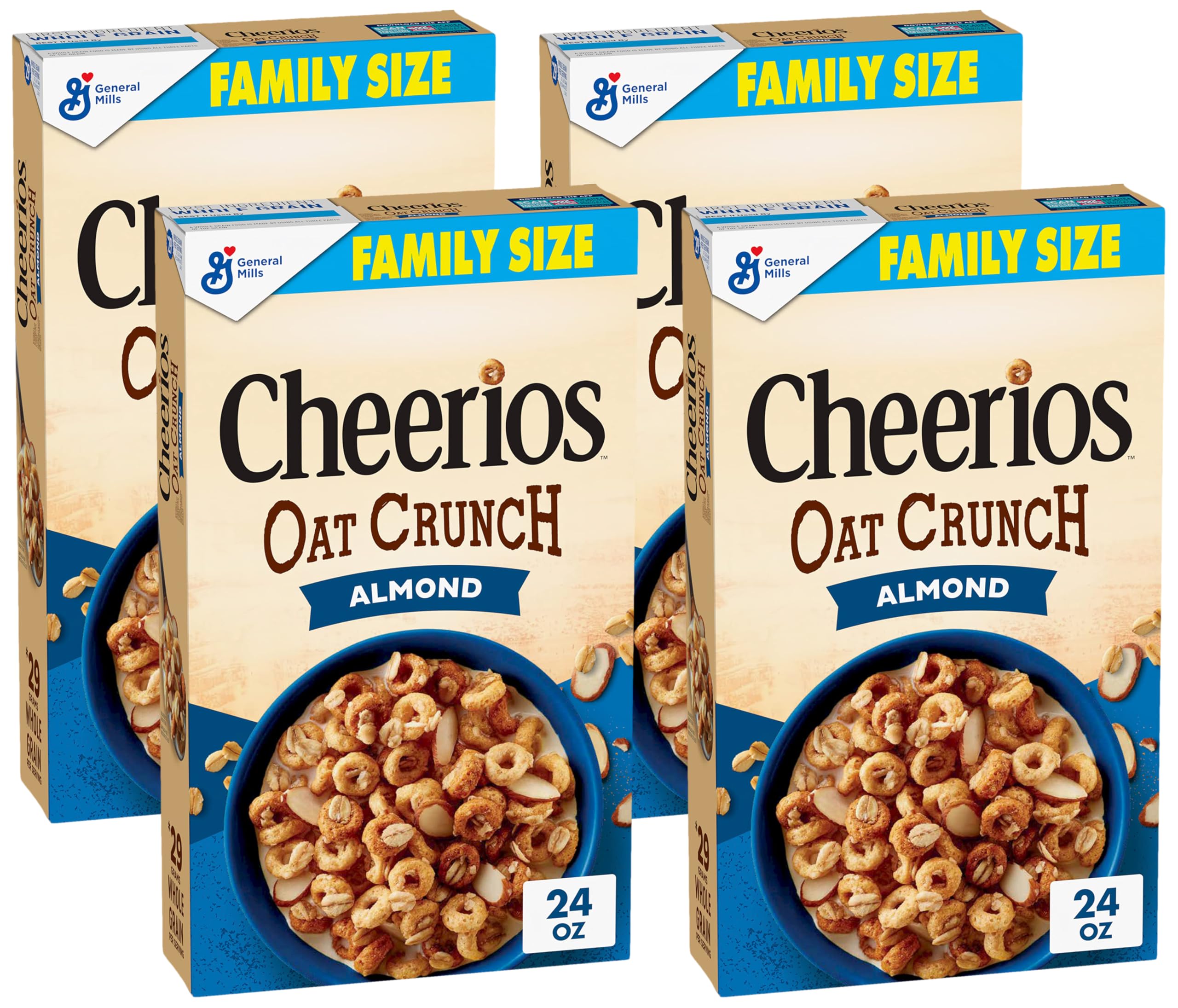 CheeriosOat Crunch Almond Oat Breakfast Cereal, Family Size, 24 oz (Pack of 4)