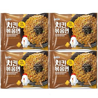 Paldo Fun & Yum Stir-Fried Chicken Instant Noodles, Brothless Ramen with Spicy Soy Seasoning Sauce, Best Oriental Style Korean Ramyun Noodle, Soupless K-Food, 130g x 4 Pack