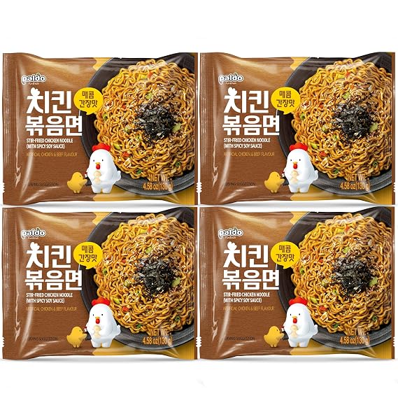 Paldo Fun & Yum Stir-Fried Chicken Instant Noodles, Brothless Ramen with Spicy Soy Seasoning Sauce, Best Oriental Style Korean Ramyun Noodle, Soupless K-Food, 130g x 4 Pack