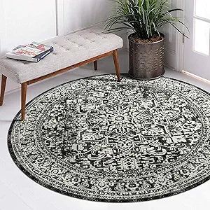 vivorug Round Rug 6ft Vintage-Inspired Round Area Rug Non-Slip Indoor Carpet for Living Room Bedroom Entryway, Stain Resistant Home Decor Circle Rug, Black and White