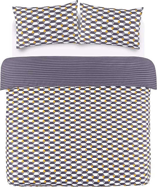Night Comfort Cotton Blend Eco Breathable Duvet Cover Bedding Set With Pillowcases (Double, Riley - Grey Mustard Geometric)