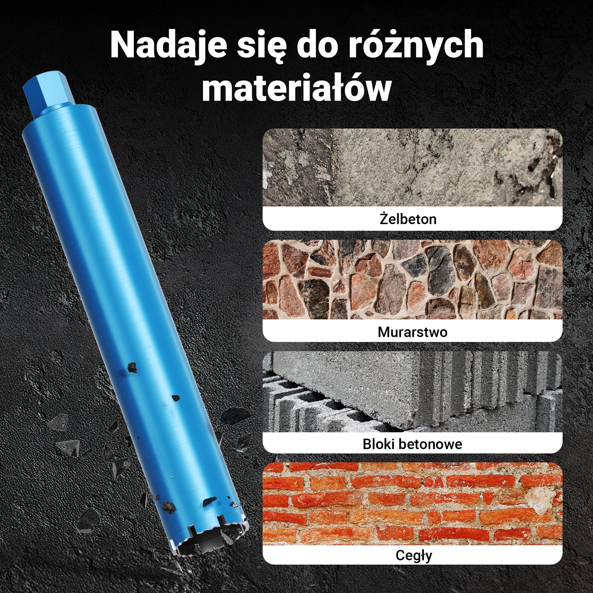 Wiltec Wiertło diamentowe koronowe typu Shark Ø 82 mm o długości 450 mm, 1¼ UNC, do wiercenia w betonie, kafelkach, kamienia i granitu