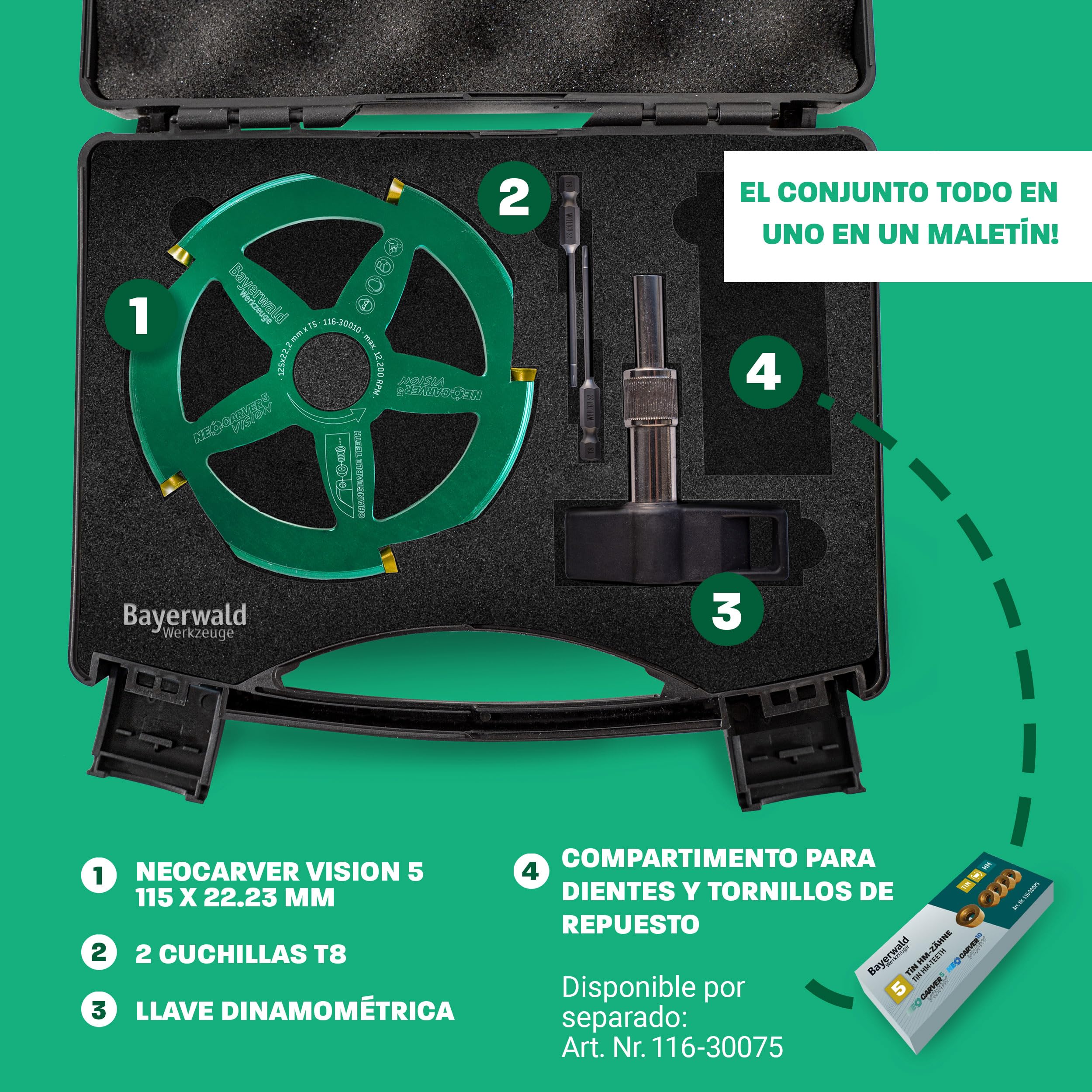 Bayerwald NeoCarver 5 Vision V2 - Disco de fresado de metal duro para madera - Fresa para tallar madera de aluminio para amoladora angular para separar, lijar, desbastar, etc. - Diámetro de 115 mm x