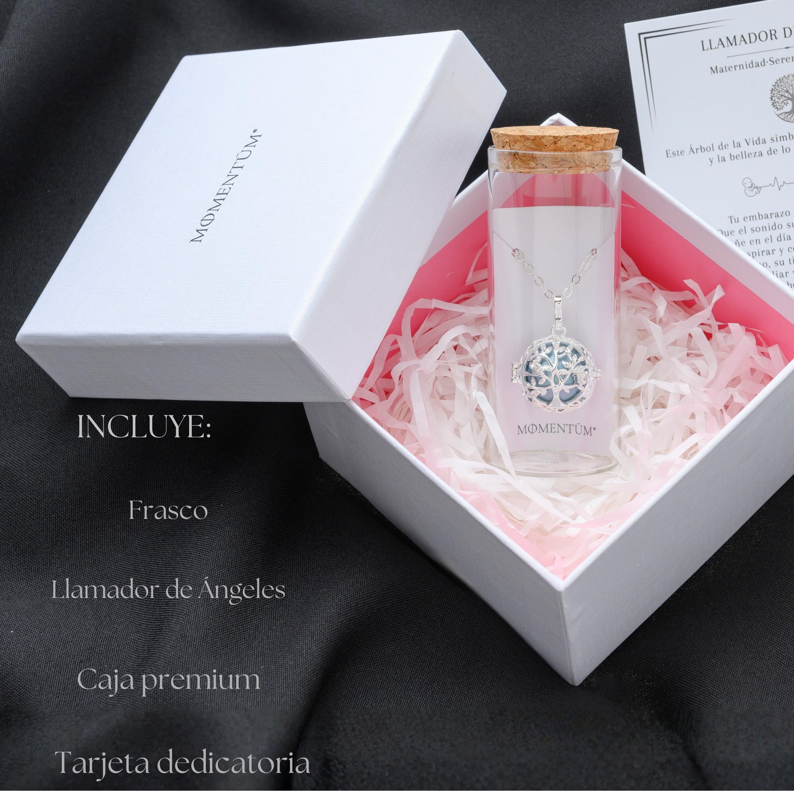 MOMENTUM Llamador de Angeles Embarazada - Dulce sonido - Presentación Premium - Collar meditación Arbol de la Vida - Regalo Original