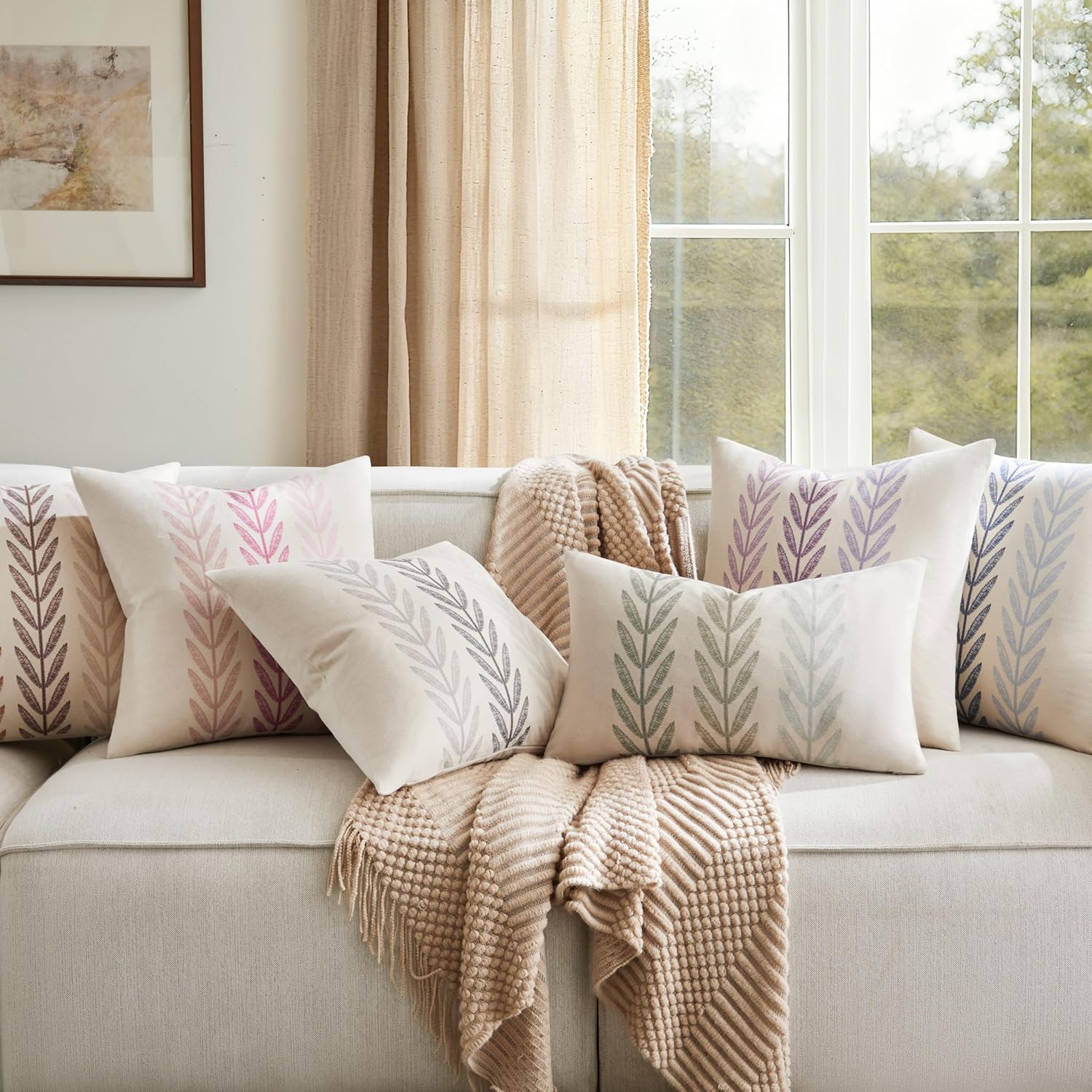 100% Cotton Farmhouse Leaves Throw Pillow Covers Set of 2, 20x20 Inch Mixed Purple Pastoral Decorative Print Cushion Covers for Sofa Bed Living Room Home Decor