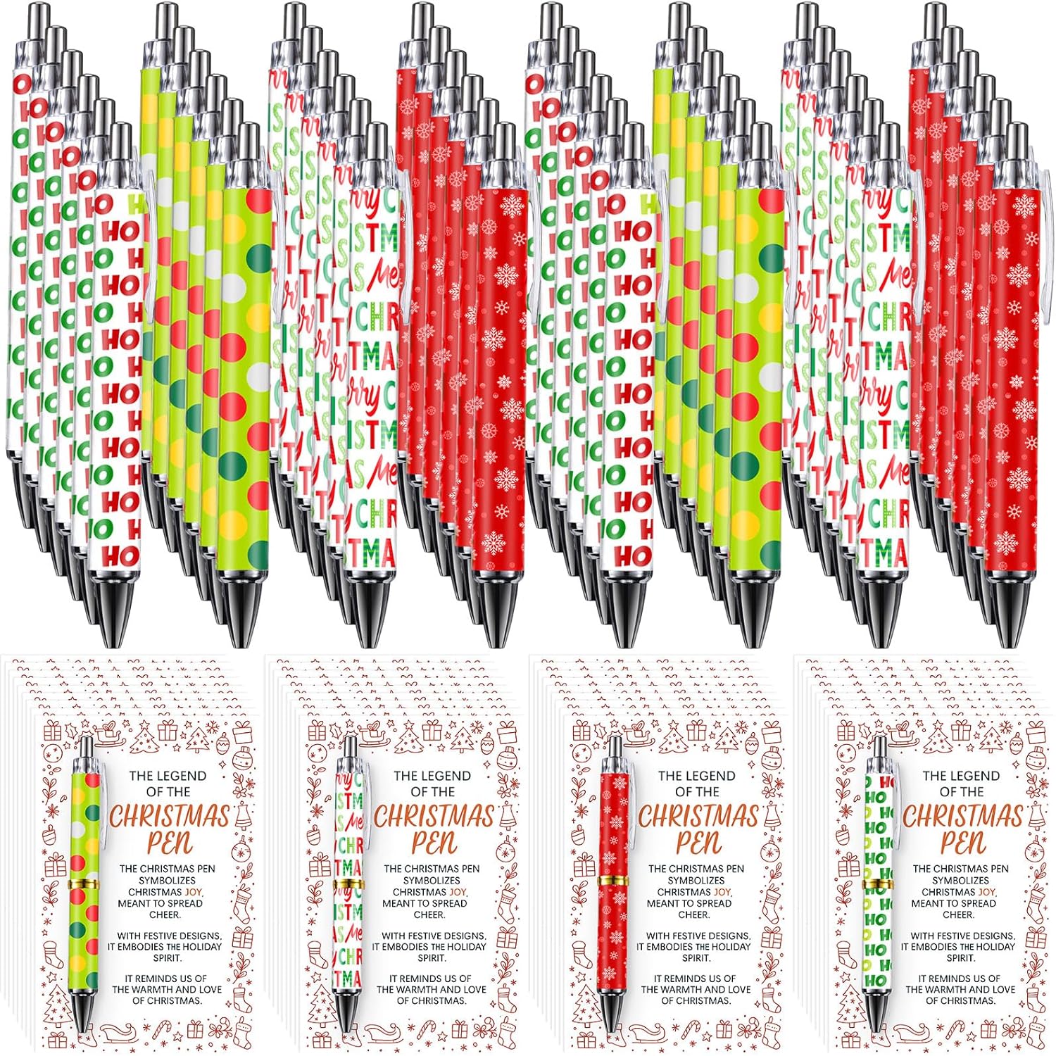 Tisancy 100 Pack Christmas Gift for Coworker Bulk Christmas Pens with Cards Red Green and White Cute Retractable Holiday Black Ballpoint Pens Gifts for Office Employee Teacher Classroom Party Favors