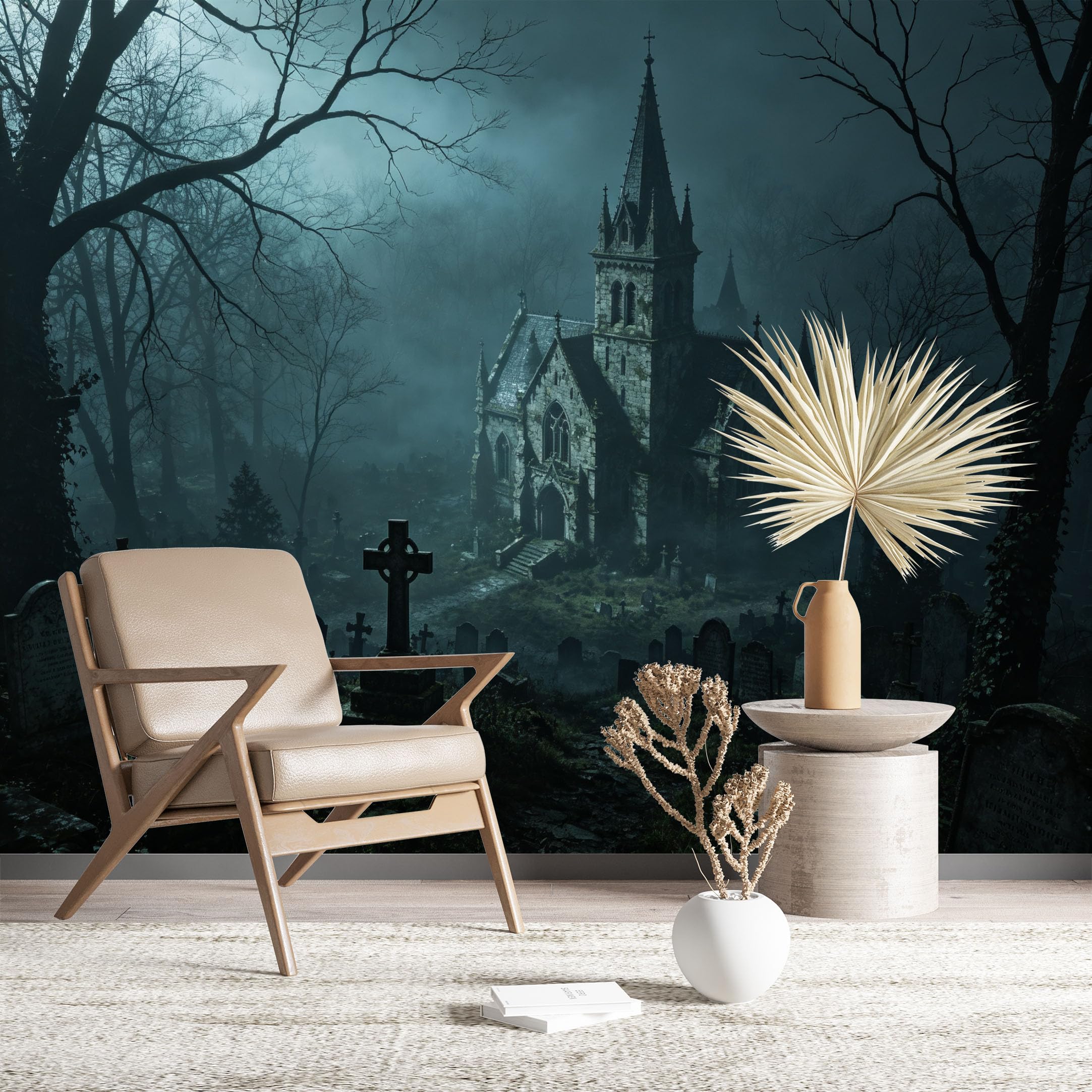 Custom Size Wall Murals Haunted Gothic Church in Misty Cemetery HD Self-Adhesive Wall Fabric (NO PVC) Removable Wallpaper for Living Room Bedroom