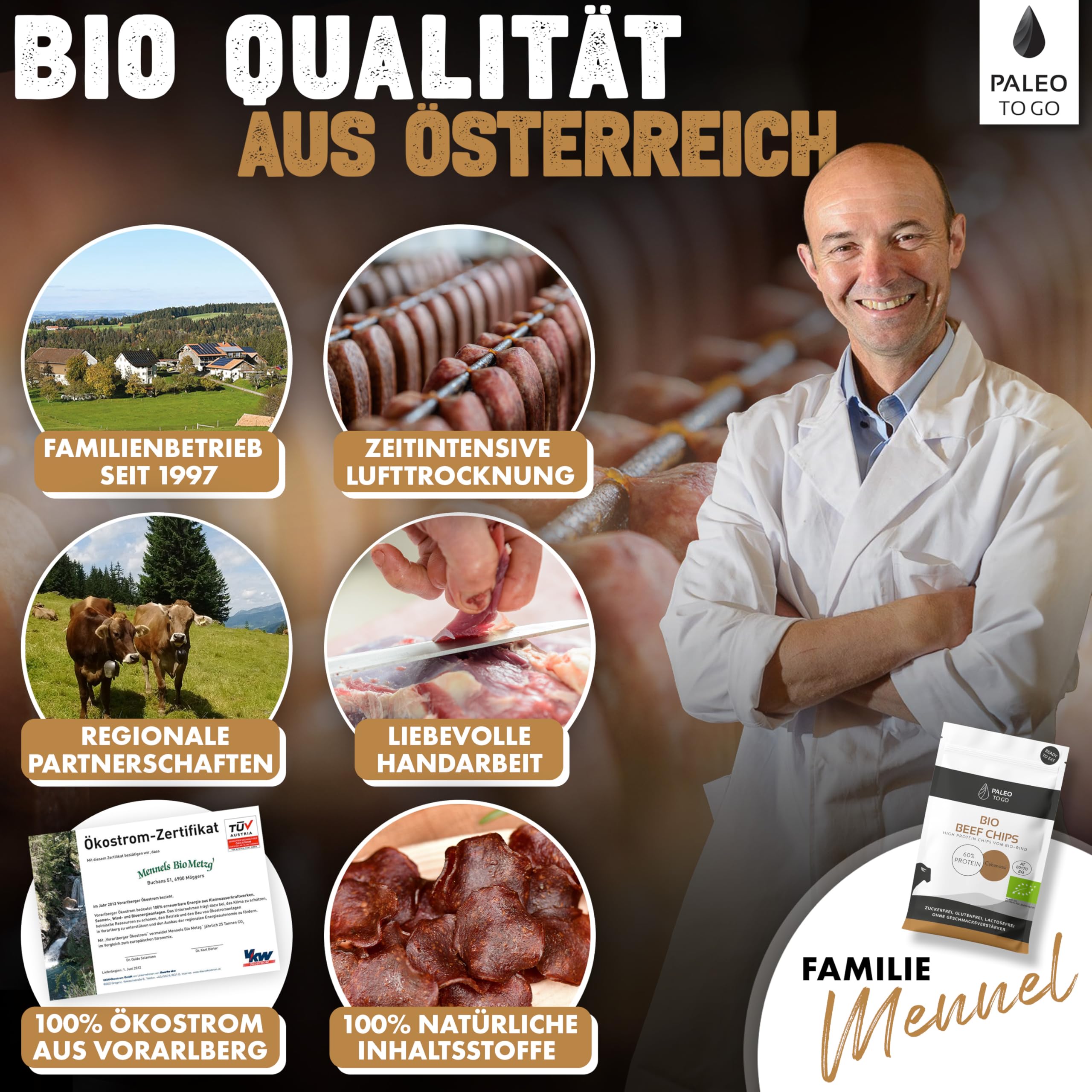 PALEO TO GO Bio Beef Snack Bundle, Beef Jerky und Beef Chips aus Bio Rindfleisch, High Protein Trockenfleisch, Low Carb Eiweiß Snack, Made in Austria, ohne Konservierungsstoffe