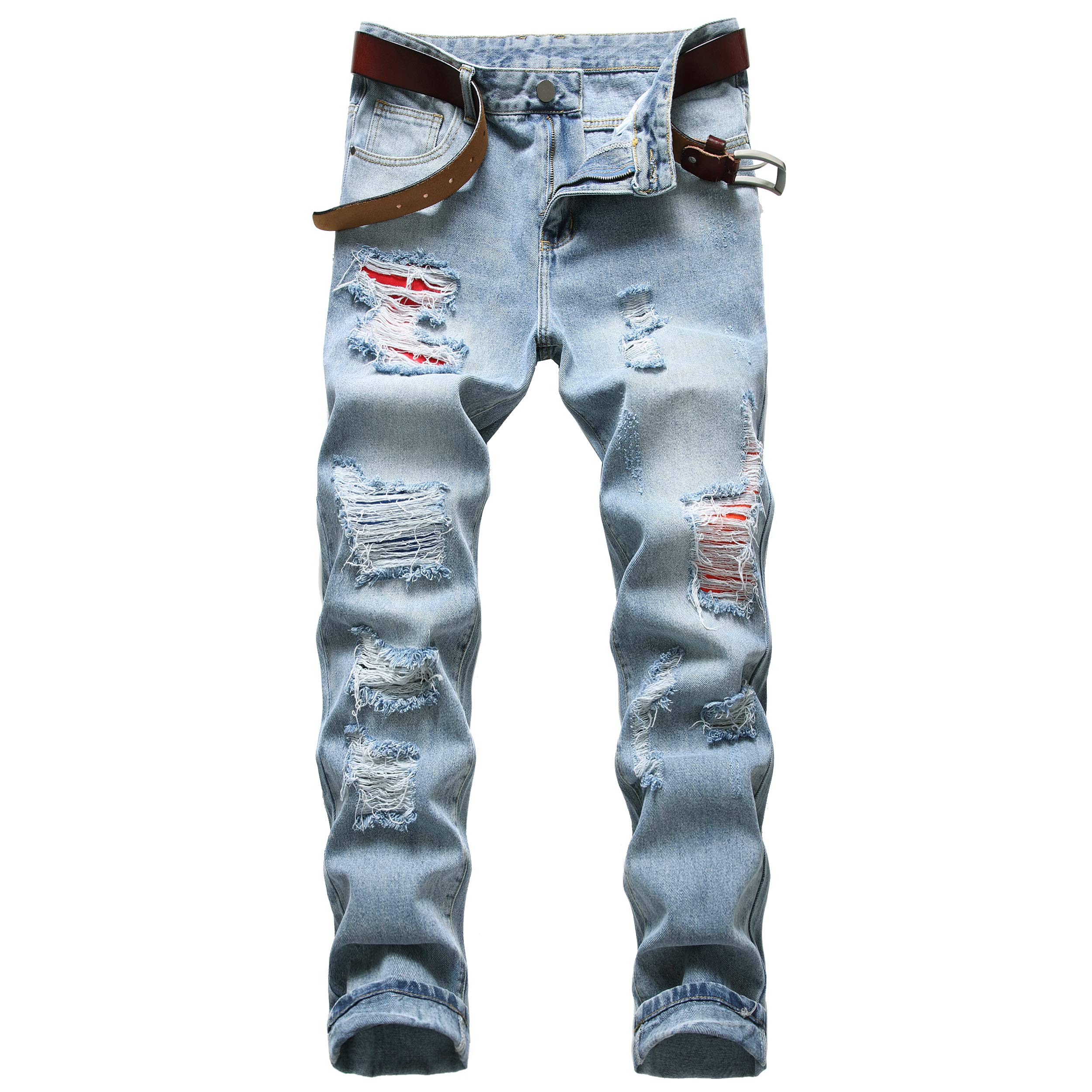 Men Ripped Jeans, Slim Fit Straight Leg, Denim Pants with Holes