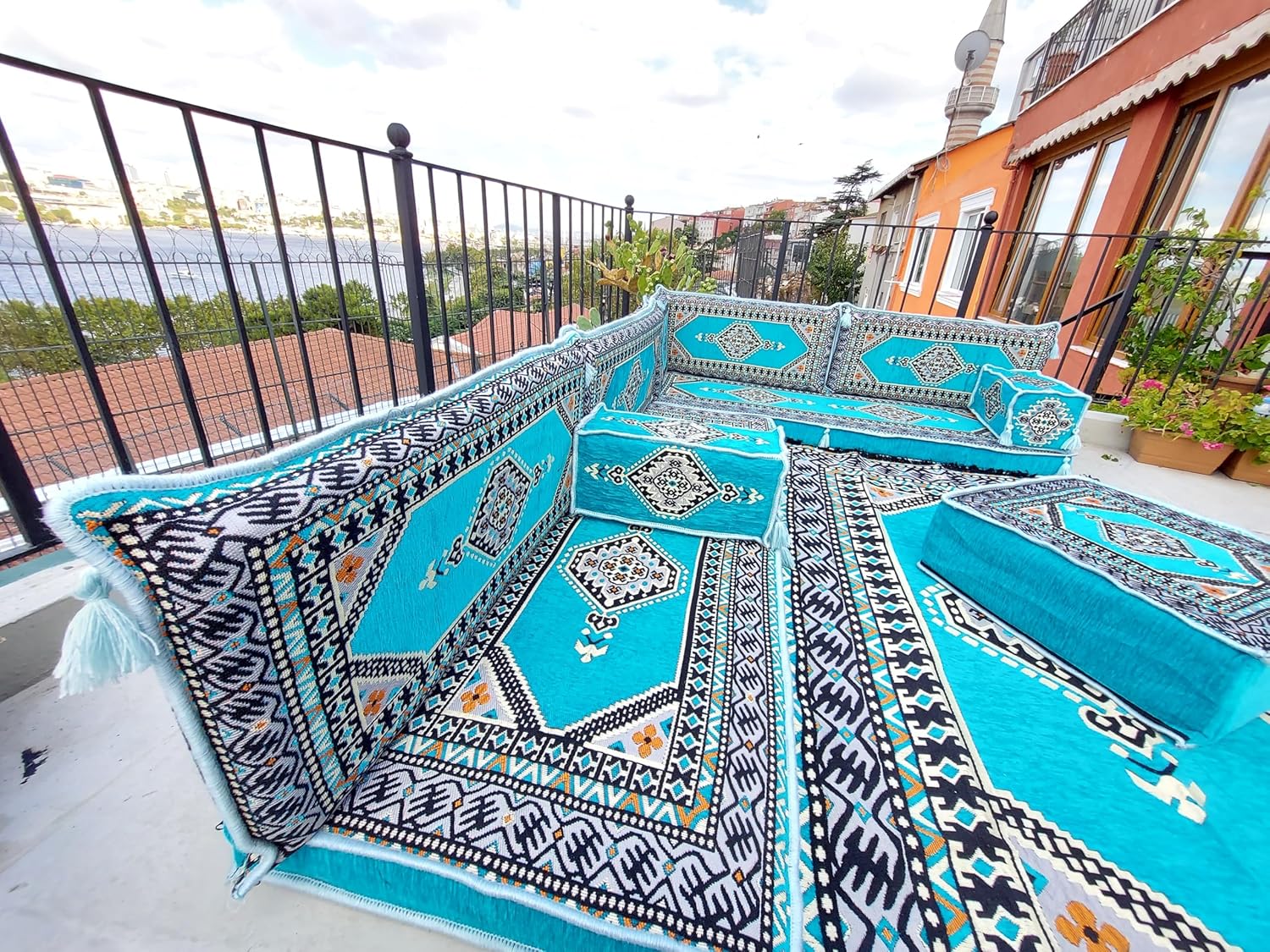 arabicsofa Light Blue L Shaped Moroccan Majlis Seating – Arabic Sectional Floor Sofa Set – Modular Corner Sofa Set