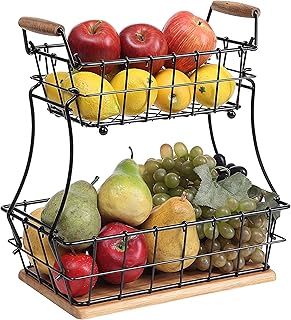 Sponsored Ad - SunnyPoint 2-Tier Rectangle Countertop Fruit, Bread Wire Basket (Black, Metal + Wood base)