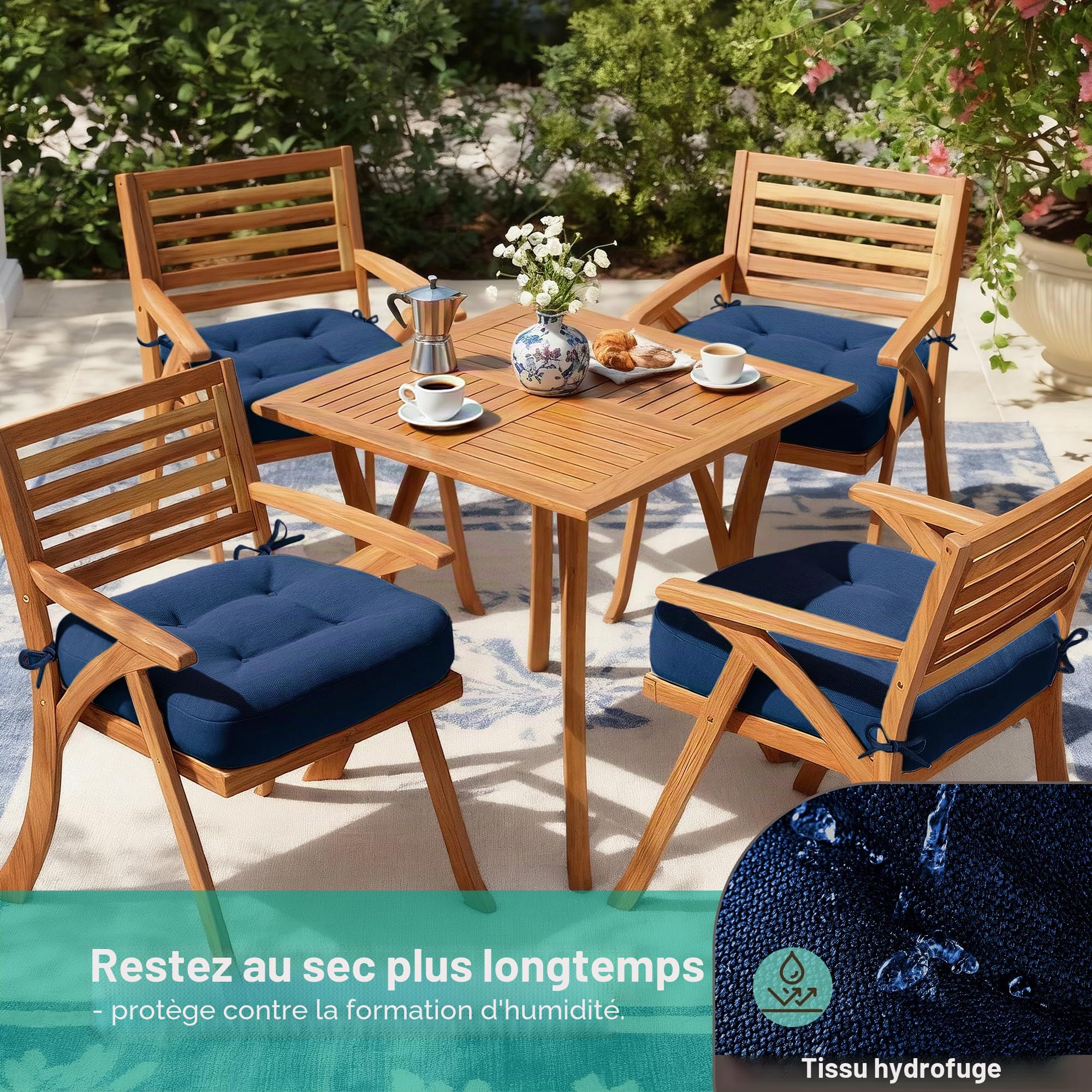 Codi Lot de 6 coussins de chaise épais et confortables avec housse imperméable, lavables, antidérapants, pour chaises d'extérieur et de jardin, 40 x 40 x 8 cm, bleu marine
