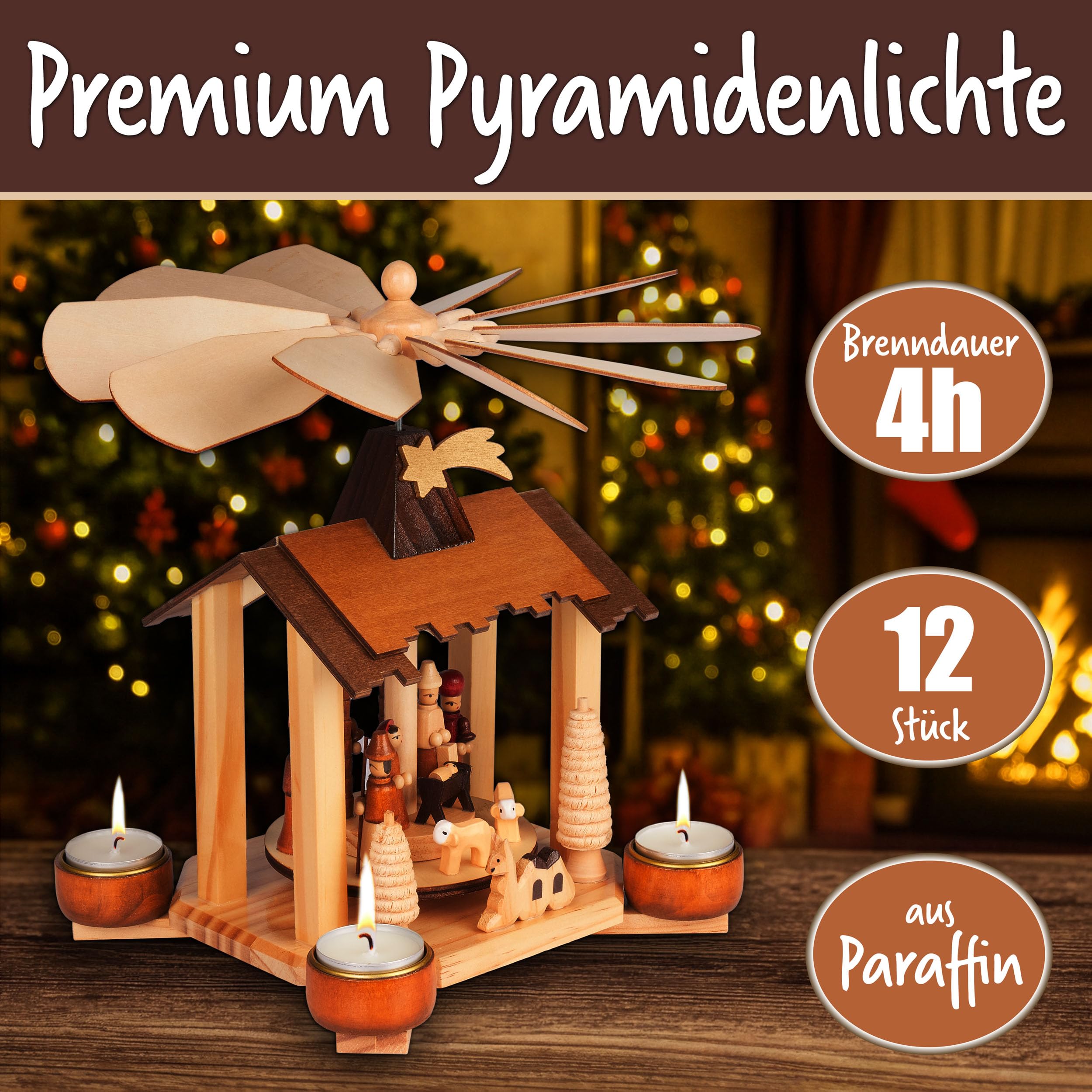 BRUBAKER Weihnachtspyramide inkl. 12er Pack Pyramiden-Teelichter - 28 cm Holzpyramide mit Jesus, Maria, Josef und Stern von Betlehem - Krippe Teelichtpyramide für Weihnachten - Handbemalt