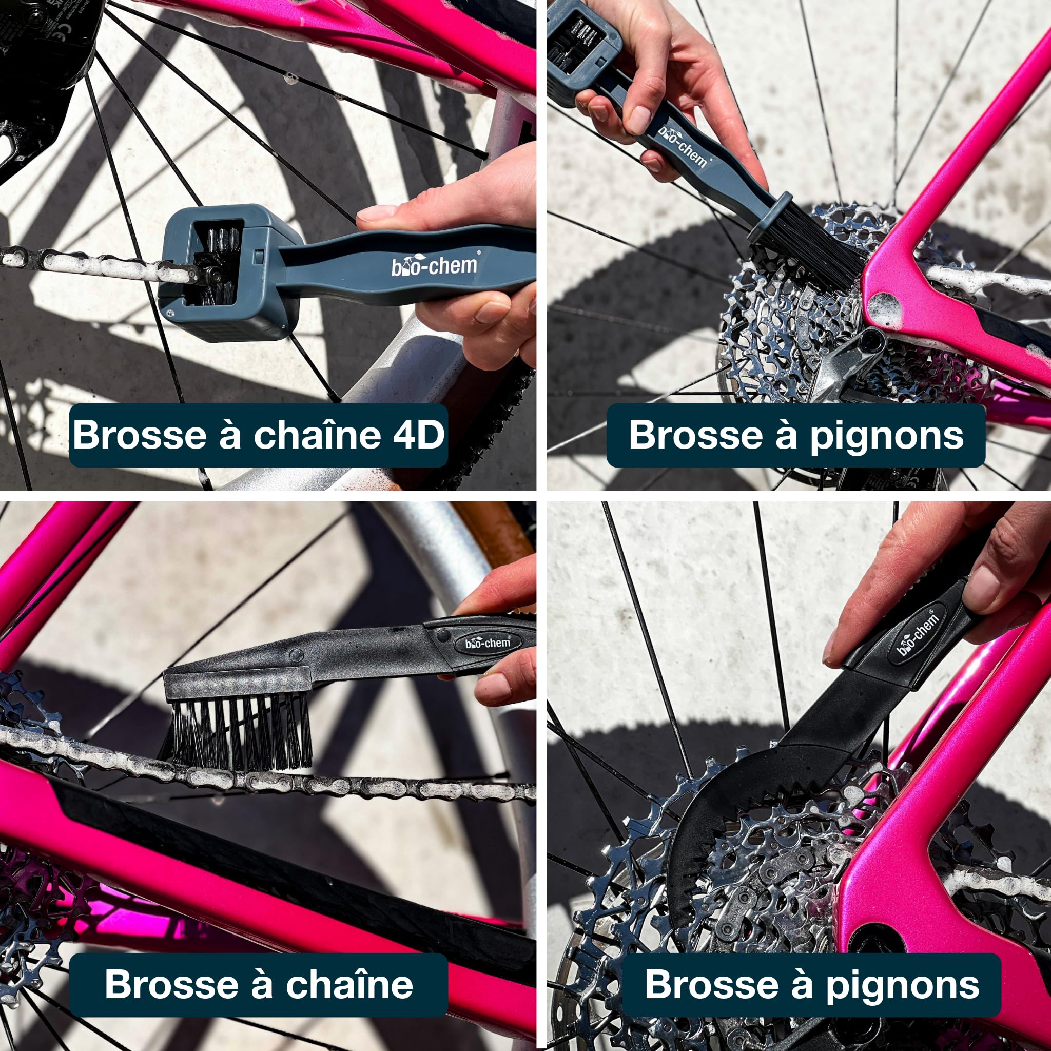bio-chem Set de 9 accessoires de nettoyage pour vélo, vtt, e-bike | Vaporisateur de mousse, brosses pour chaîne et cadre et chiffon microfibre - Nettoyage et entretien du vélo