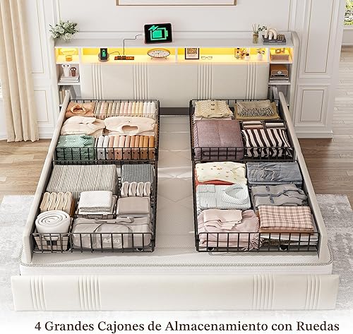 Miniatura 5 de EnHomee Base de cama tamaño King con 4 cajones de almacenamiento, plataforma tapizada con cabecero de almacenamiento de 3 niveles, luces LED y