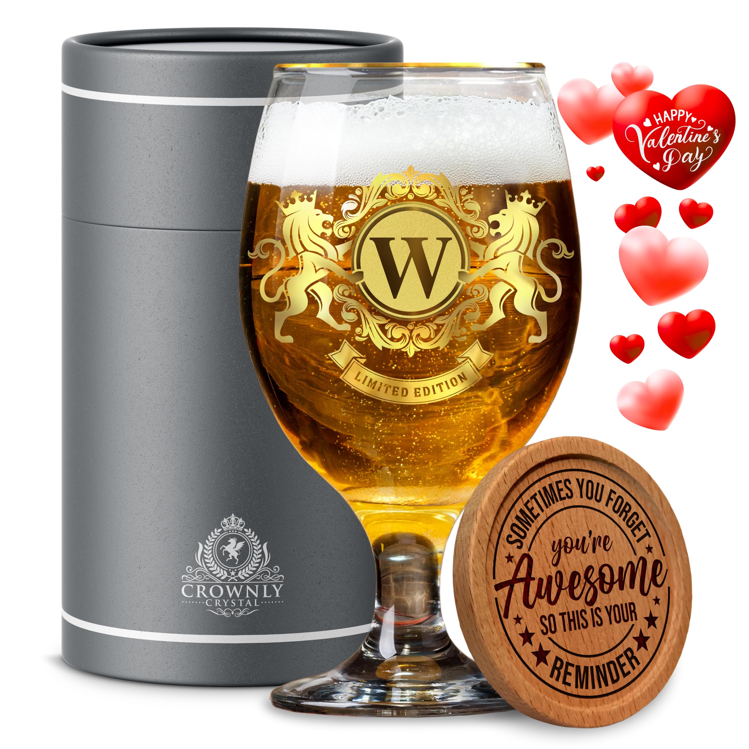 CROWNLY CRYSTAL® Personalised Beer Glasses Boyfriend Gifts Him Beer Gifts Men Dad Mens Birthday Husband Brother Grandad Pint Glass (W)