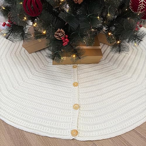 Miniatura 6 de Falda de árbol de Navidad de punto acanalado de 36 pulgadas con botones de roble, color blanco crema