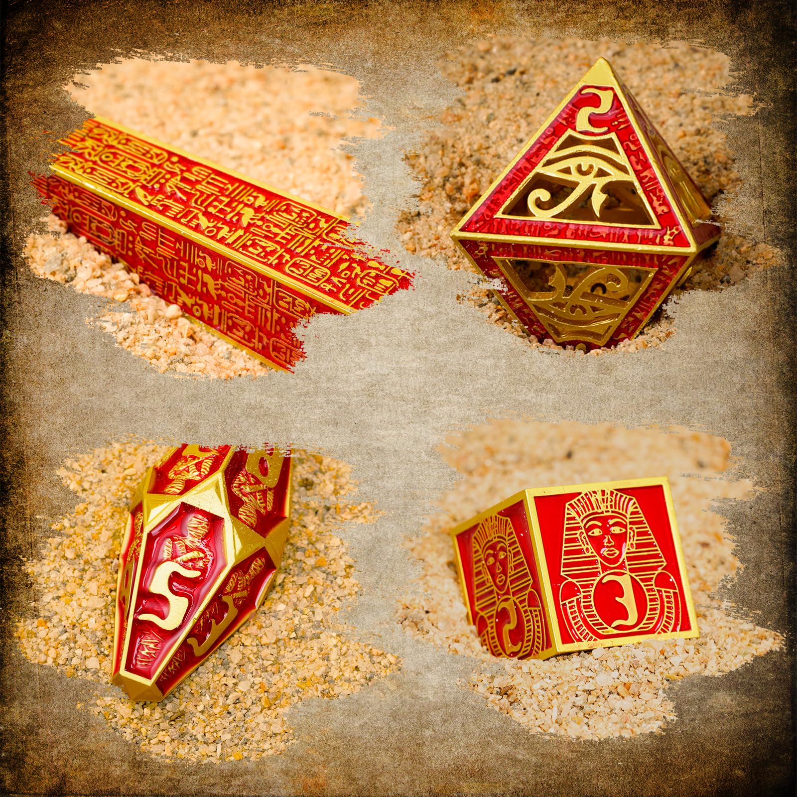 Neteru Lot de 7 dés ajourés en alliage de zinc – D4-D20 – Dés en bronze antique pour jeux de table Donjons et Dragons D&D Pathfinder (rouge doré)