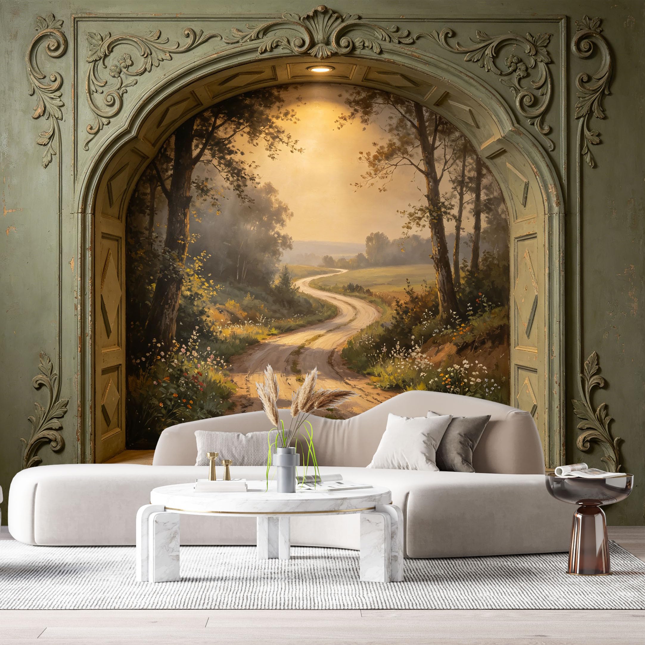 Custom Size Wall Murals Archway Landscape Scrolling Acanthus 3D Trompe L'Oeil SelfAdhesiveWall Fabric Removable Wallpaper Wall Decor for Living Room Bedroom Bathroom