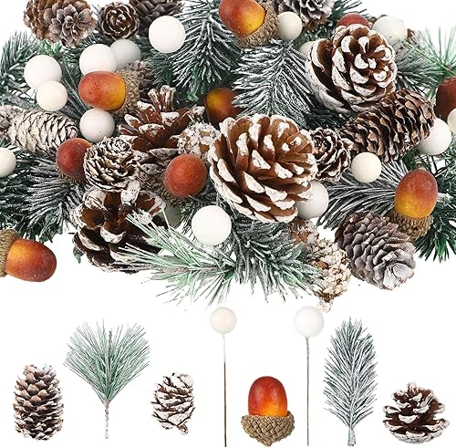 Zeyune Juego de 180 piezas de ramas de pino de Navidad con bayas de acebo, juego de ramas de pino, relleno de florero, decoración de corona, bayas