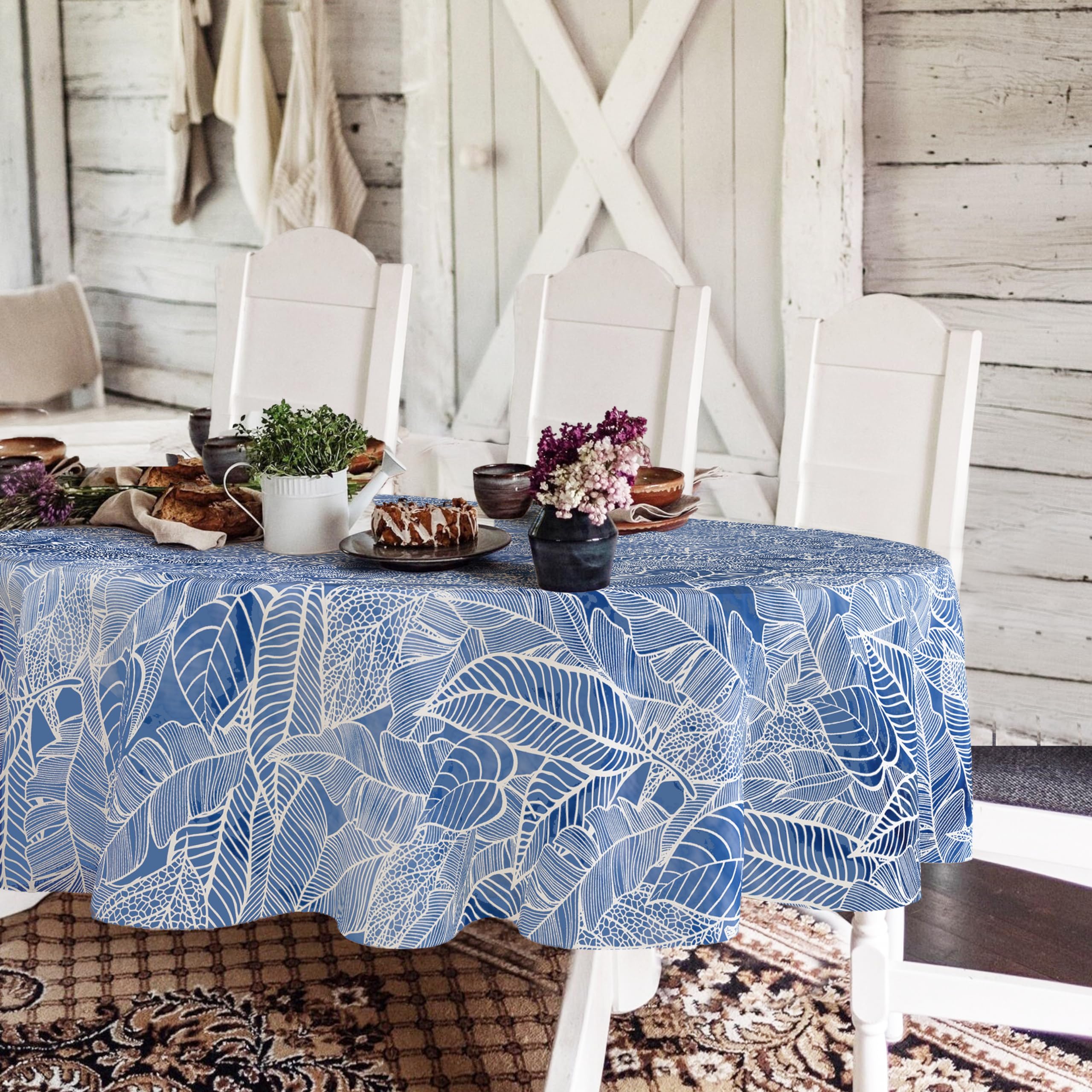 Rustic Oval Tablecloth 60x84 Inch,Blue and White Country