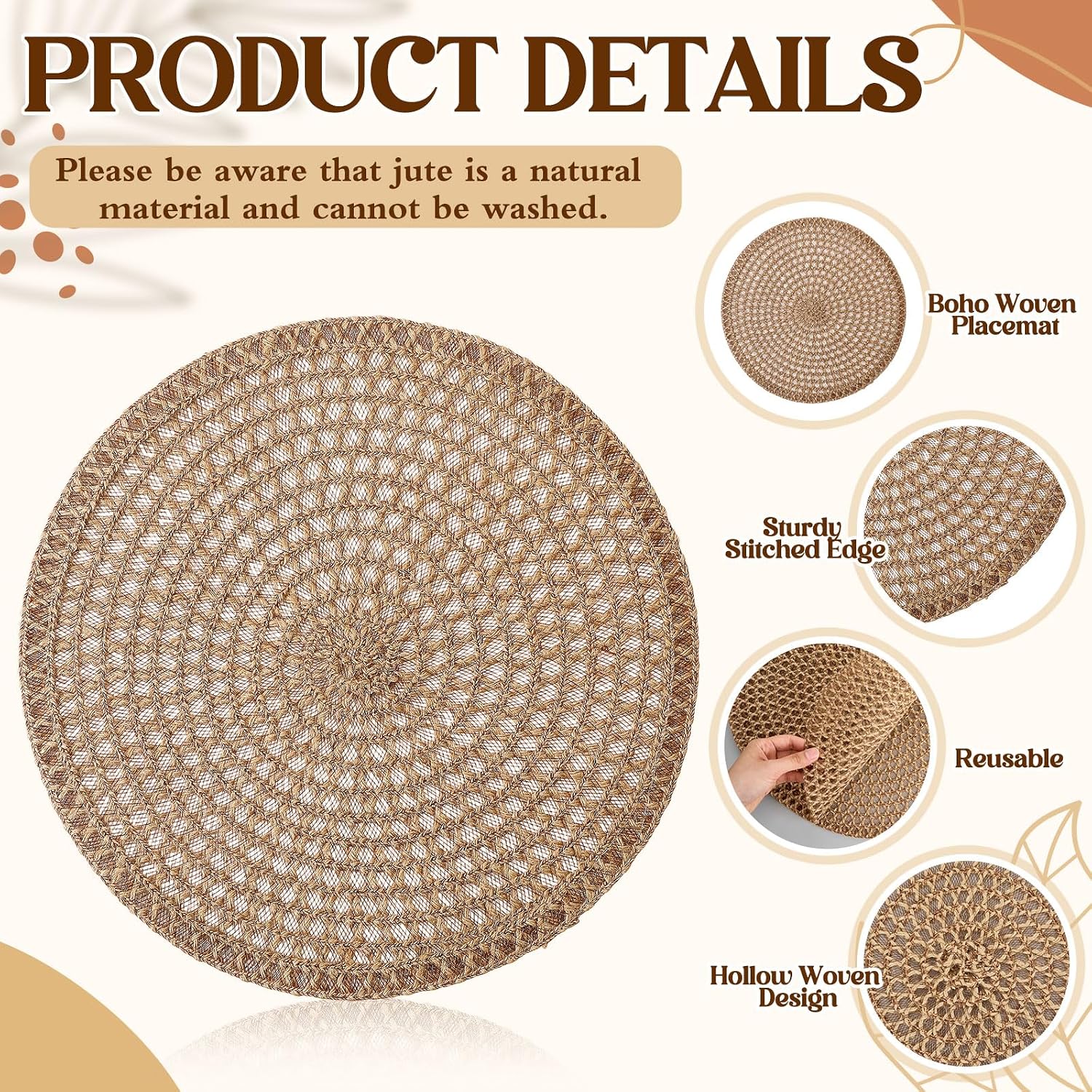 6 Pcs 15'' Round Boho Woven Placemat and 72'' Long Jute Table Runner Set Burlap Braided Mat Macrame Farmhouse Rustic Natural Table Runner Centerpiece for Home Dining Kitchen Wedding Decor