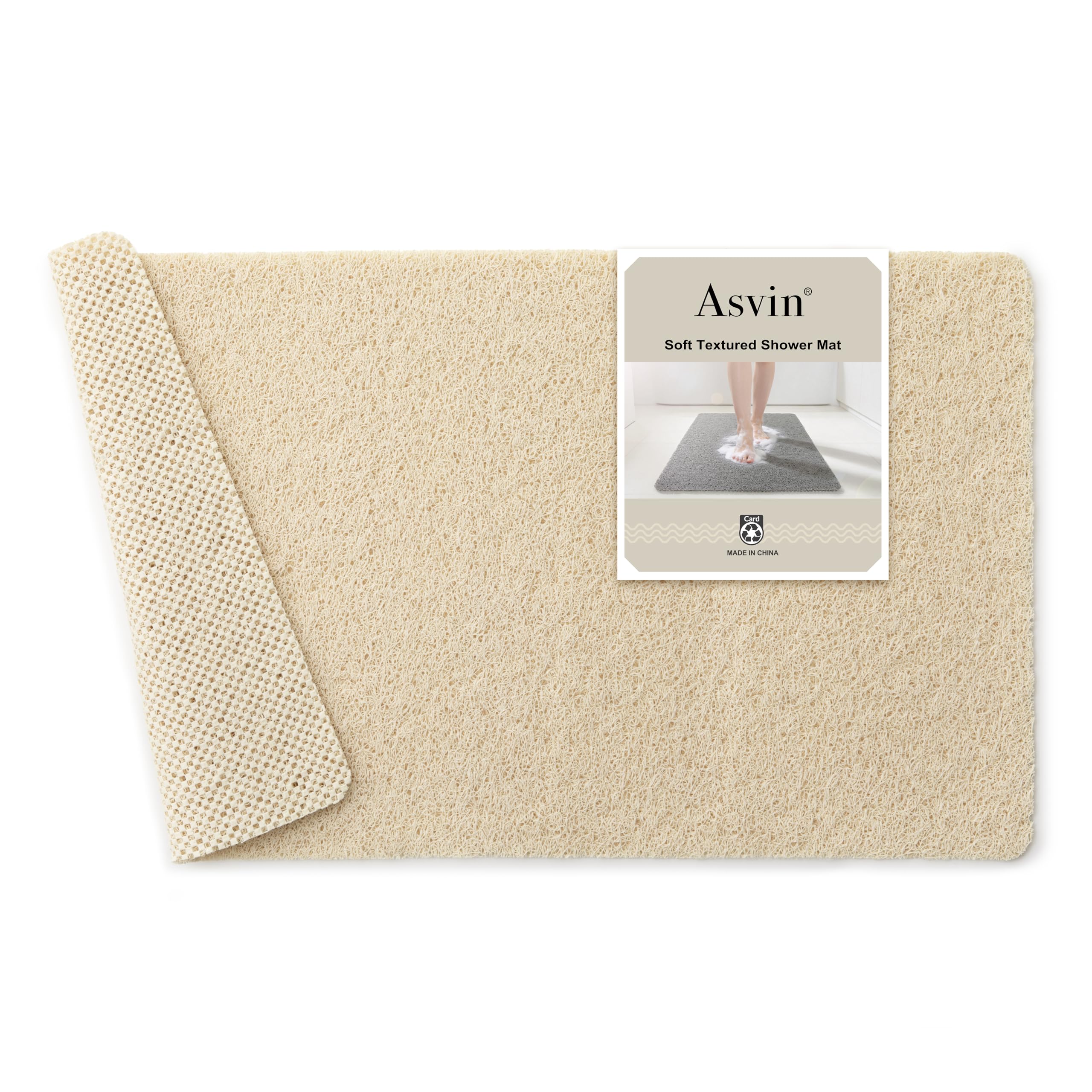 Asvin Soft Textured Beige Shower Mat Non Slip Anti Mould for Inside Shower & Bath 24x16 inch Phthalate Free Rubber Loofah Bathroom Mats for Slippery Surfaces, Quick Dry Antibacterial & Mould Resistant