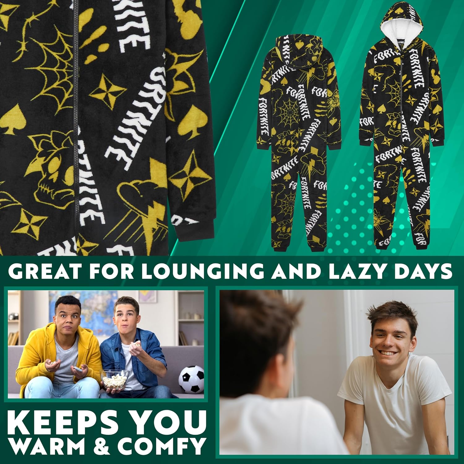 Get Trend One Piece Pajamas for Boys, Teens, Long Sleeved Fleece Jumpsuit, Zip Up Sleepwear, Loungewear PJs, Gifts for Boys - Image 2