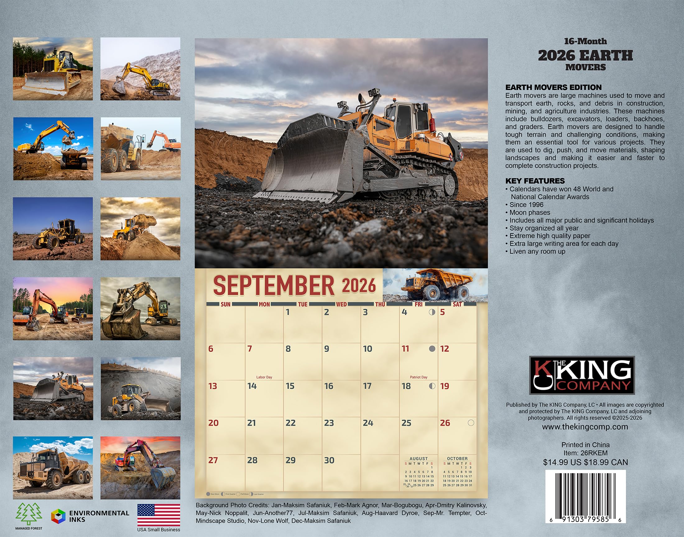 Amazon.co.jp: 2026年 Earth Movers 壁掛けカレンダー 16か月 XLサイズ
