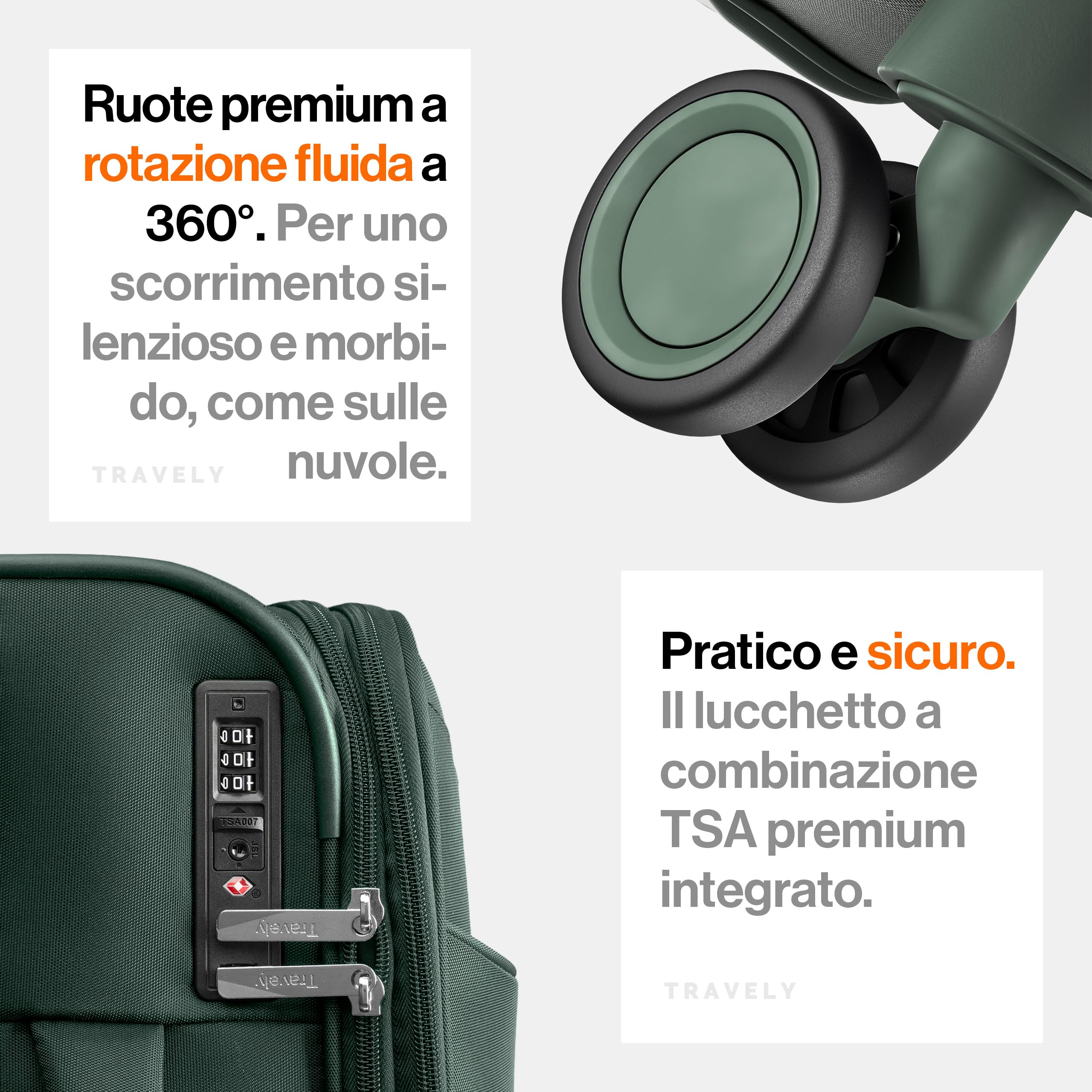 Travely Valigia M in tessuto - Valigia cabina con scomparto per laptop fino a 15,6", 4 ruote e lucchetto TSA - valigia morbida leggera espandibile, idrorepellente