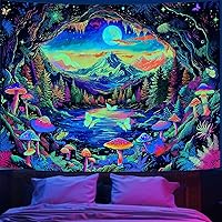 Vista 25 de Zussun Tapiz de hongos verdes, luna y estrella, tapices para dormitorio, decoración estética de plantas de noche estrellada, tapastrys para colgar
