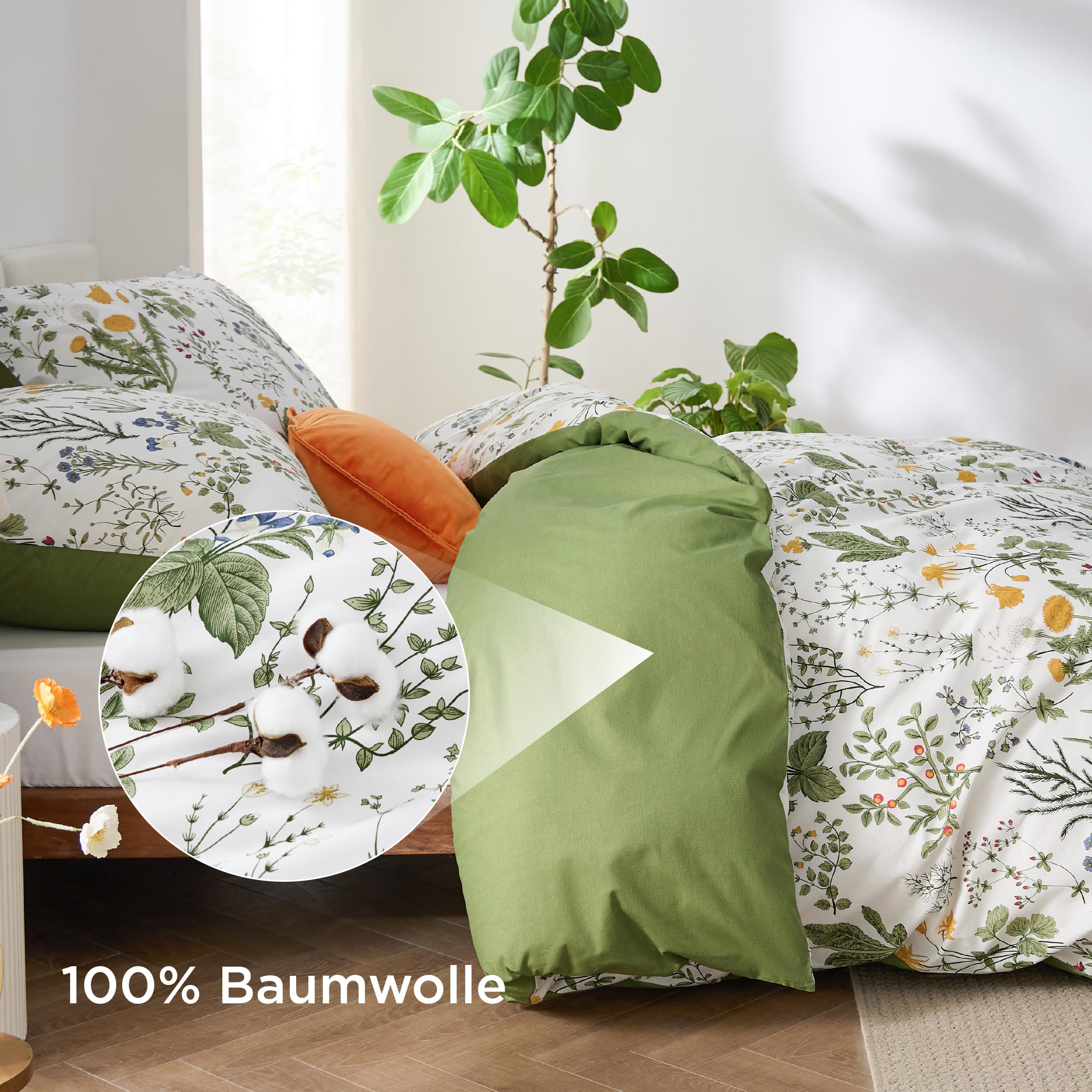 BEDSURE Juego de ropa de cama reversible de algodón, 155 x 220 cm, funda nórdica de 3 piezas con 2 fundas de almohada de 80 x 80 cm, color verde salvia, diseño de flores, con cremallera