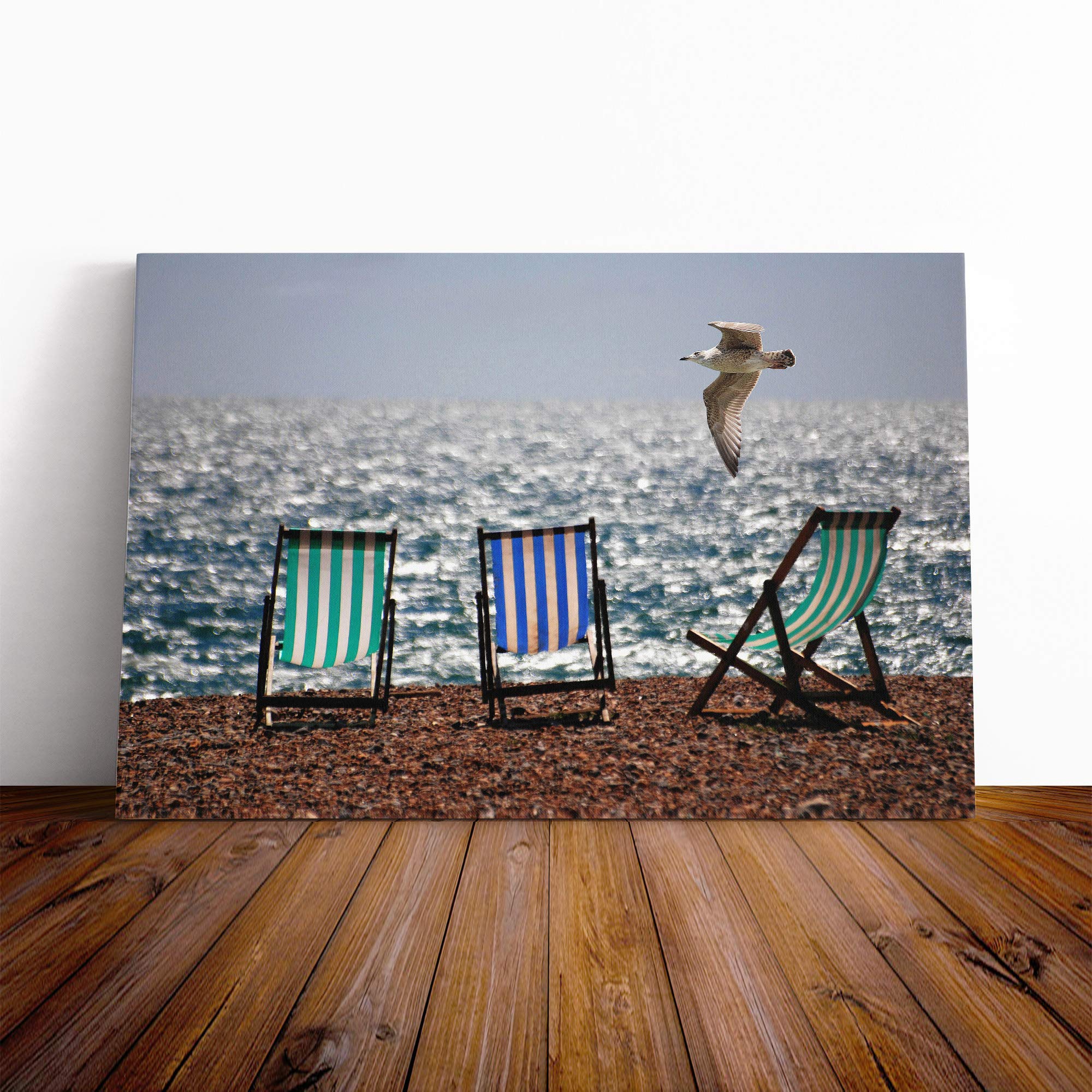 Seascape Seagull Brighton Beach Deckchairs Canvas Print | Gallery Wrapped 30mm Frame Wall Art | 30x20 inches | Ready to Hang | Modern Seascape Picture | Living Room Bedroom Lounge Office