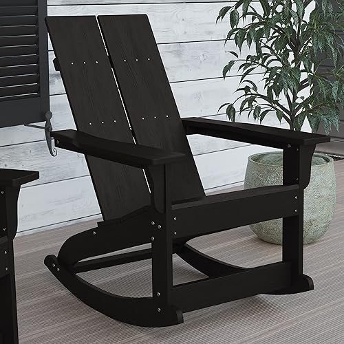 Miniatura 6 de Flash Furniture Finn Modern - Mecedora Adirondack de madera de poliresina de grado comercial, poliestireno negro para todo tipo de clima, respaldo