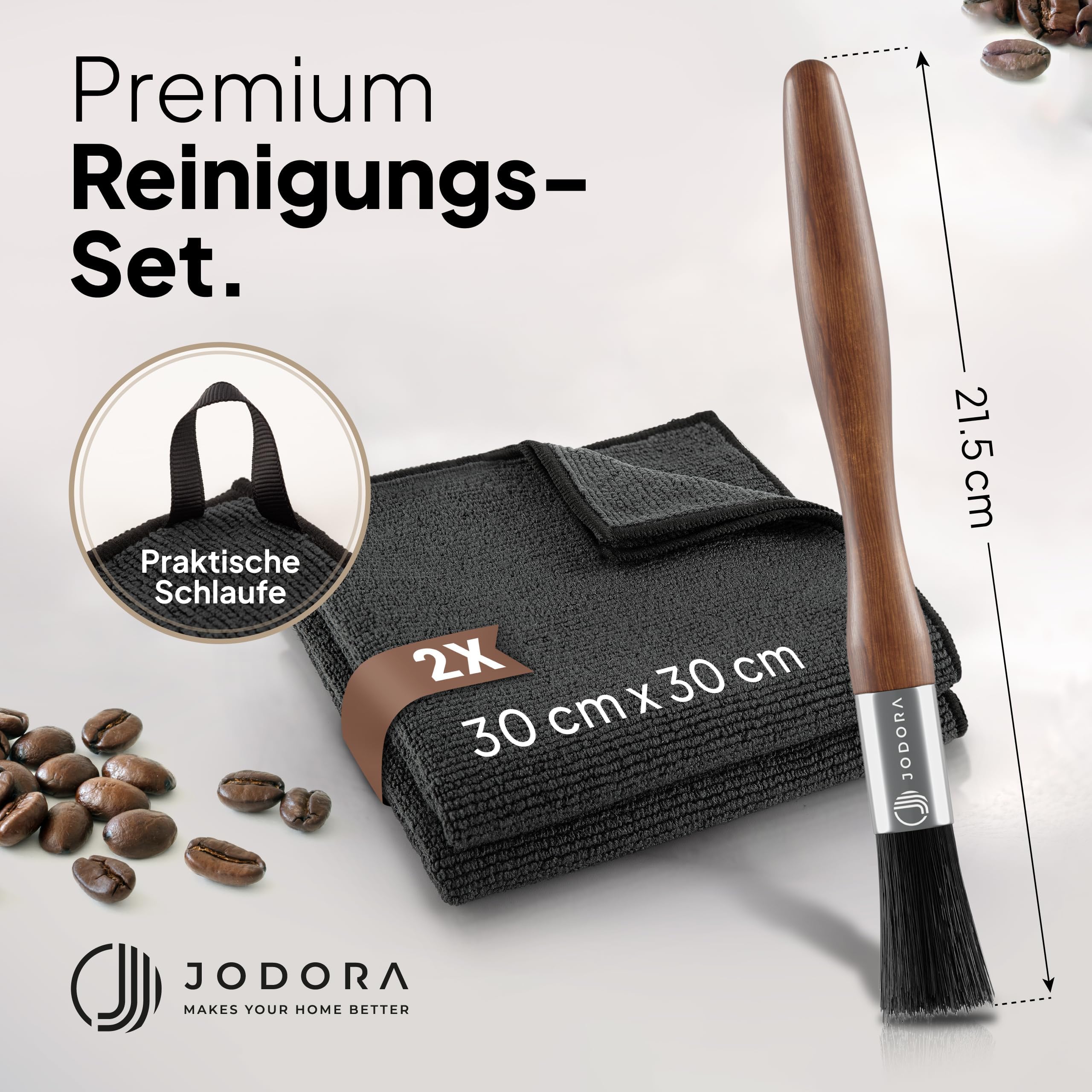 JODORA Barista Tuch + Barista Pinsel Reinigungsset - Siebträger Zubehör - 2 Barista Handtücher extrem saugstark 30x30cm für Siebträgermaschine & Dampfwalze - Kaffee Pinsel (Schwarz)