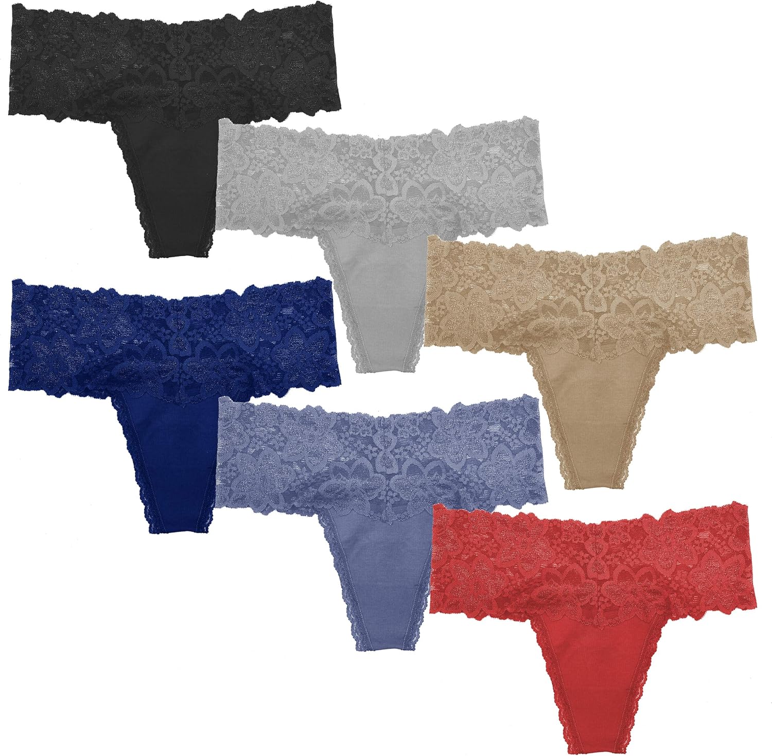 Pack 6 High Waisted Lace Thong for Women Cotton Underwear Plus Size High Rise Retro Tummy Control Thongs Panties - Image 3