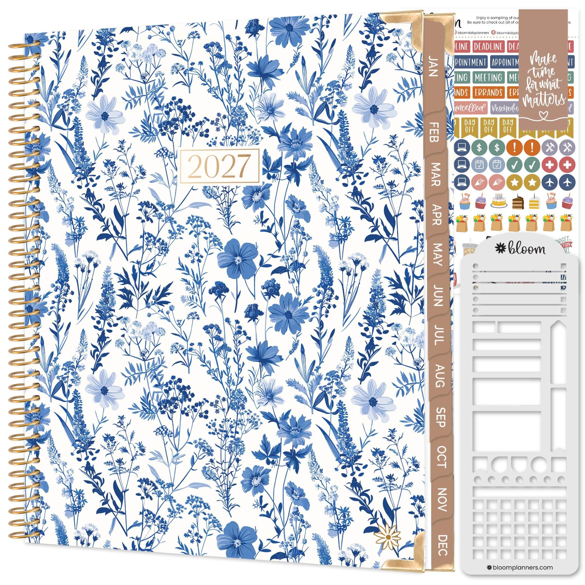 bloom daily planners Agenda de tapa dura 2027 (8.5 x 11 pulgadas) de enero a diciembre de 2027, calendario anual, agenda de tareas para mujeres, agenda inspiradora mensual y semanal, floral azul y
