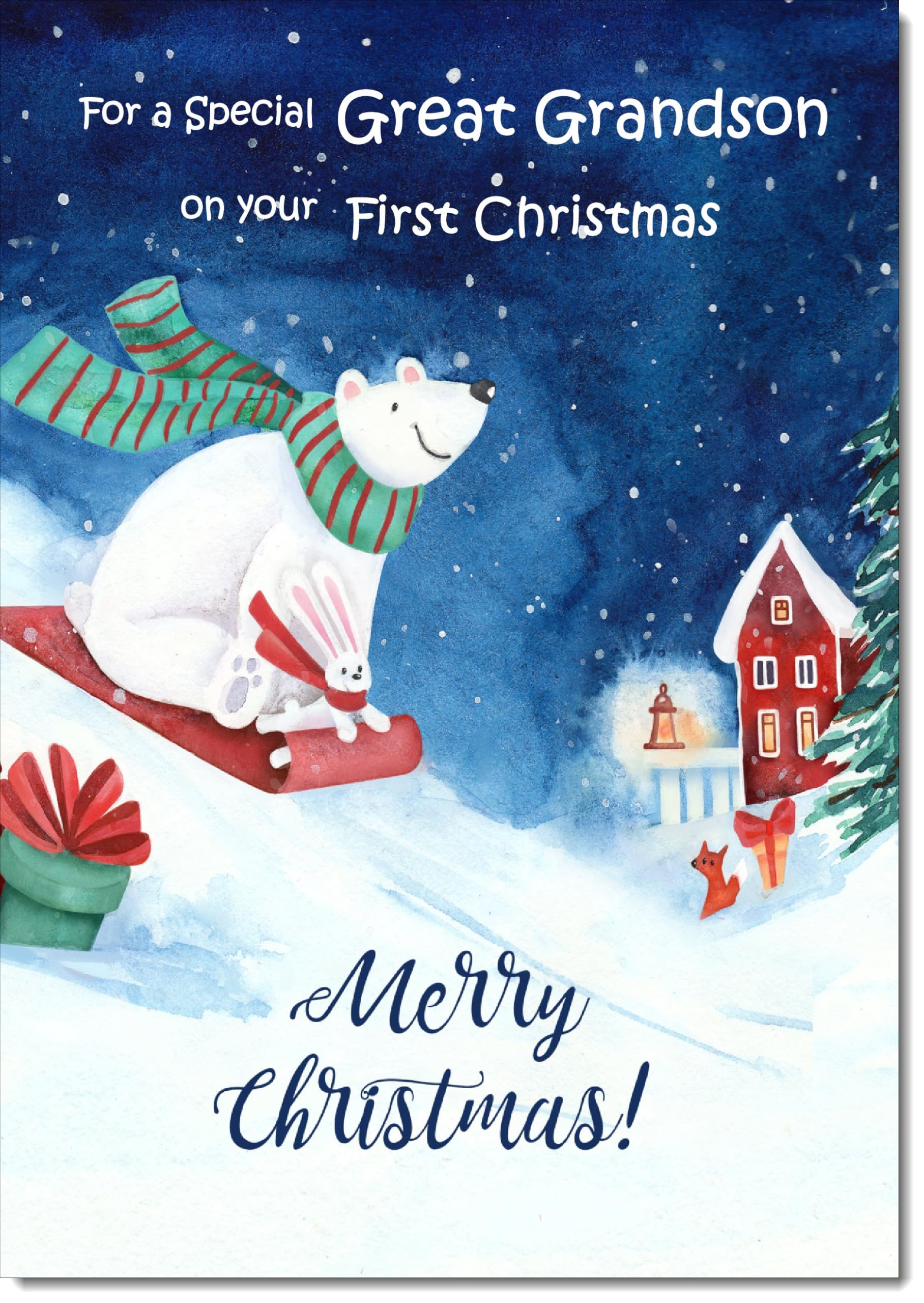 doodlecards Great Grandsons 1st First Christmas Card Bear on Sled Large A4 Size Christmas Card for Great Grandsons 1st with Plain Envelope — image 1