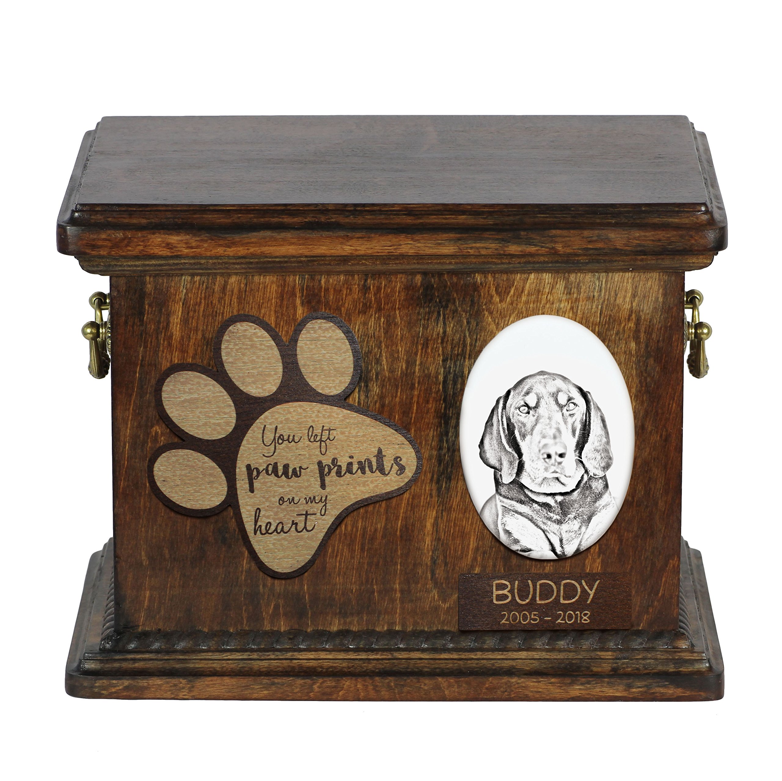 Urne cendres de chien Coonhound sécurisée et durable avec portrait bronze fait main Art-Dog
