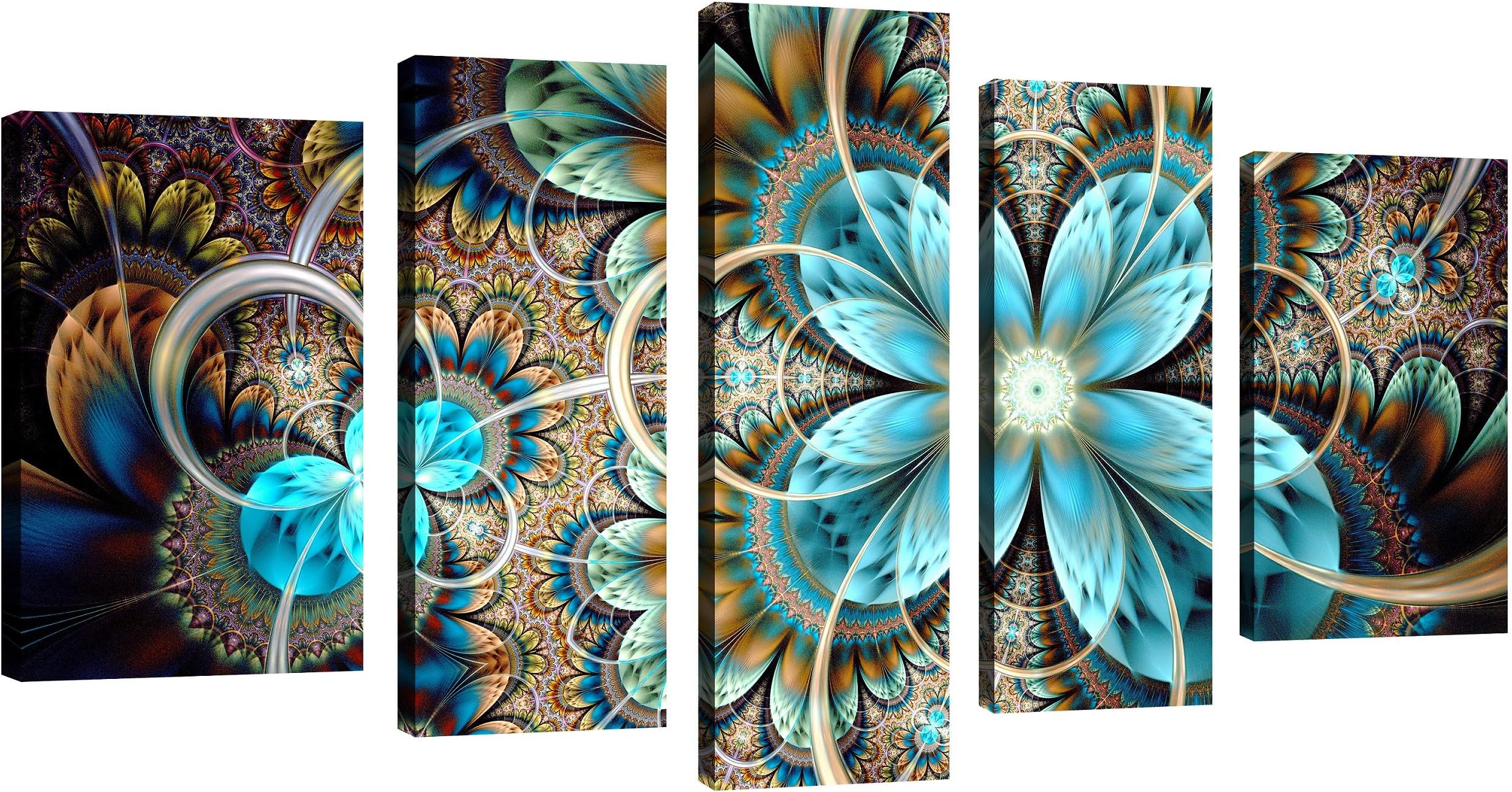 QICAI 5 Panel Blue Flower Canvas Wall Art Abstract Dark Yellow and Blue Fractal Flower Wall Decor Flower Painting Flower Canvas Wall Art for Bedroom Home Wall Decor Stretched and Framed Ready to Hang
