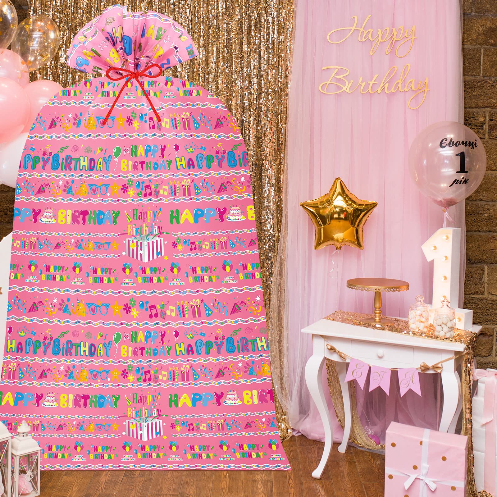 Teling 2 Pcs 80 x 60 in Jumbo Birthdays Gift Bags for Giant Present Extra Large Plastic Oversized Bike Birthdays Wrapping Bag for Baby Shower Party Favors(Pink)