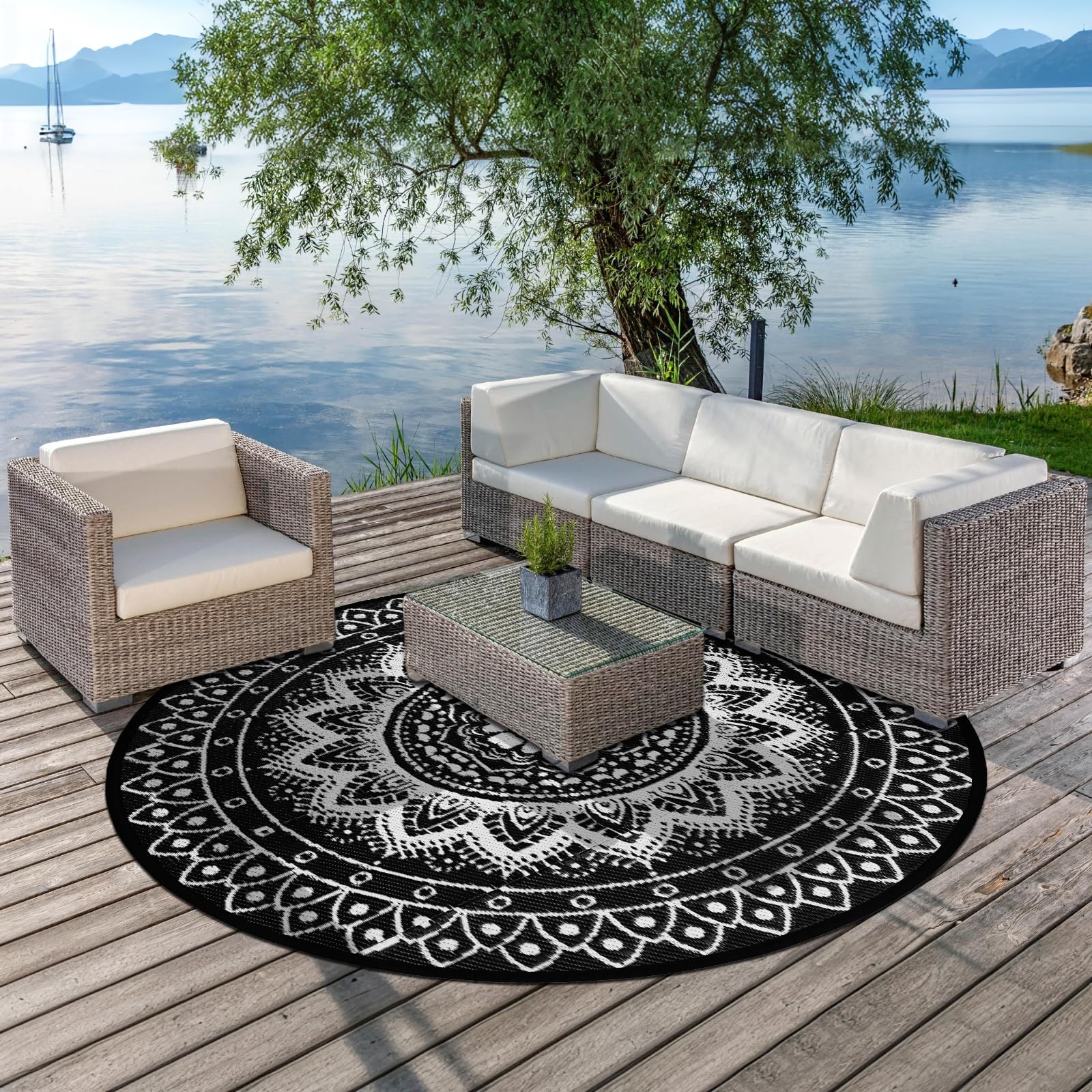 Alfombra Redonda de Exterior para Patio 180 cm alfombras de jardín Reversibles Impermeables y Plegables Alfombra Boho para autocaravanas Alfombra para Picnic Acampada Negro/Blanco