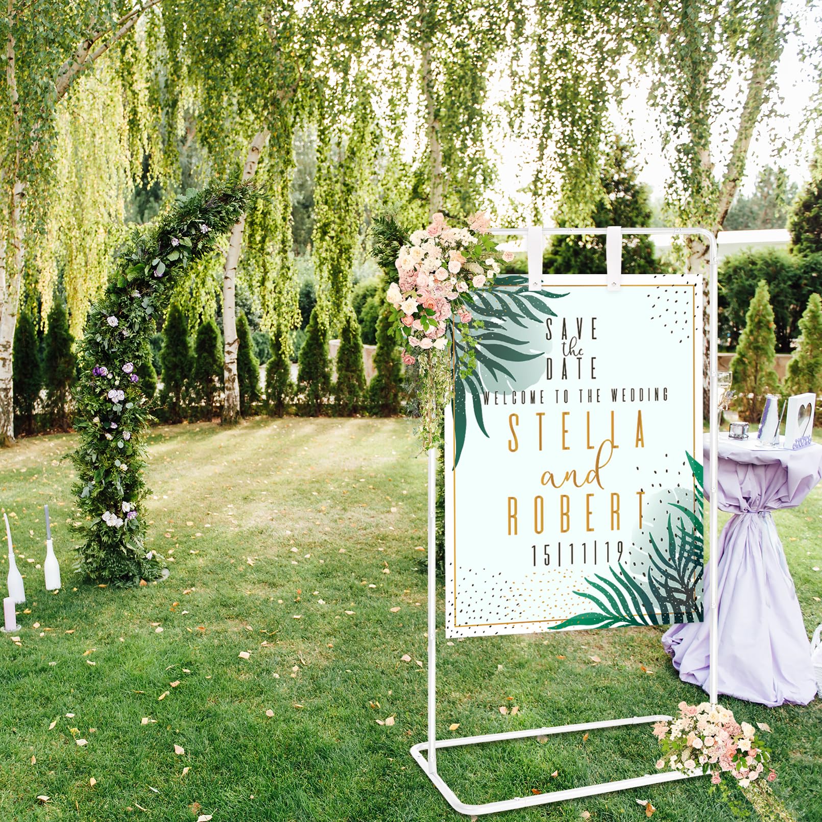 Support Panneau De Mariage En Acier - Hauteur 164 Cm (réglable) - Avec 2 Sangles Cuir - 76x51 Cm